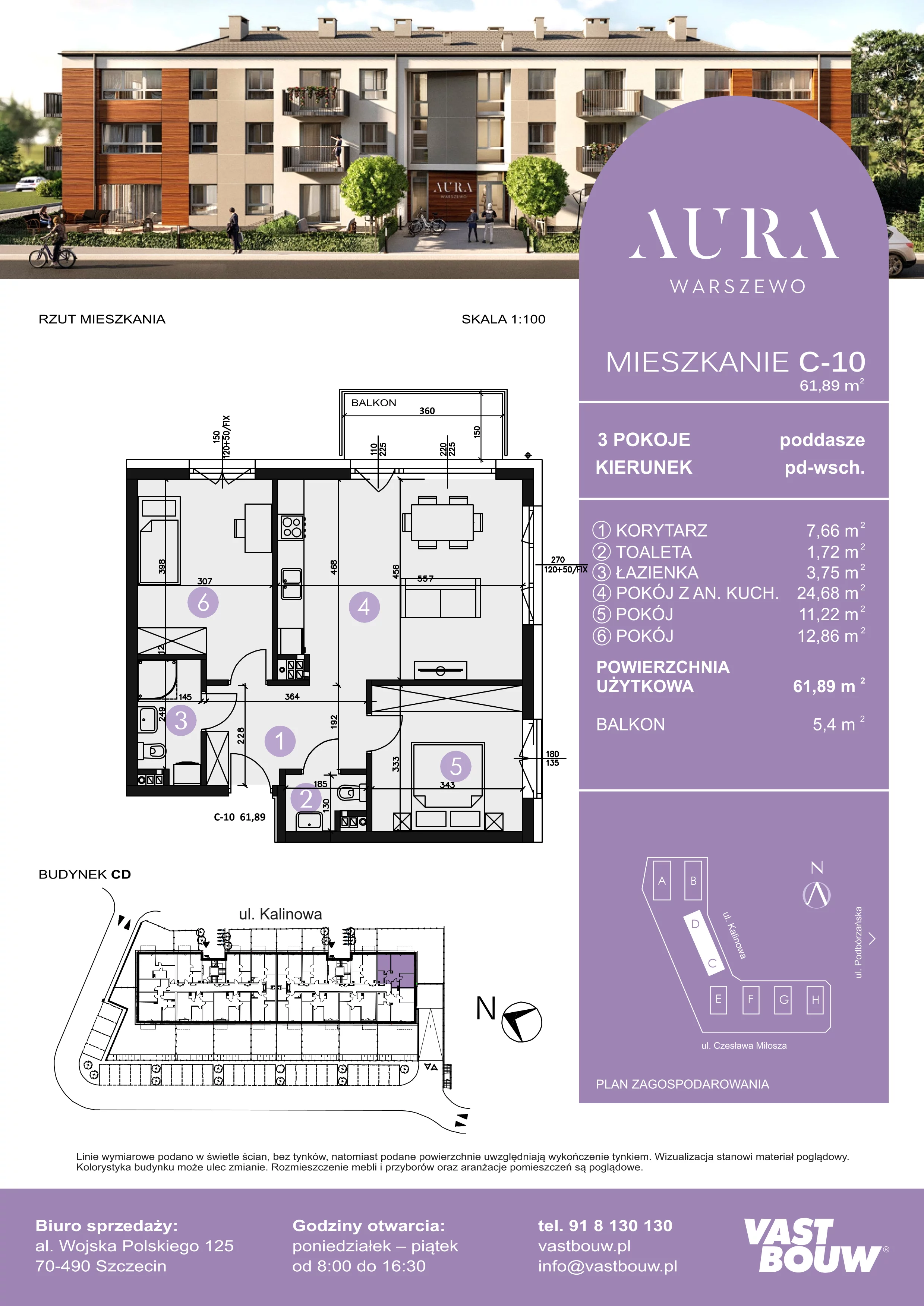 3 pokoje, mieszkanie 61,89 m², piętro 1, oferta nr C-10, AURA WARSZEWO, Szczecin, Północ, Warszewo, ul. Kalinowa