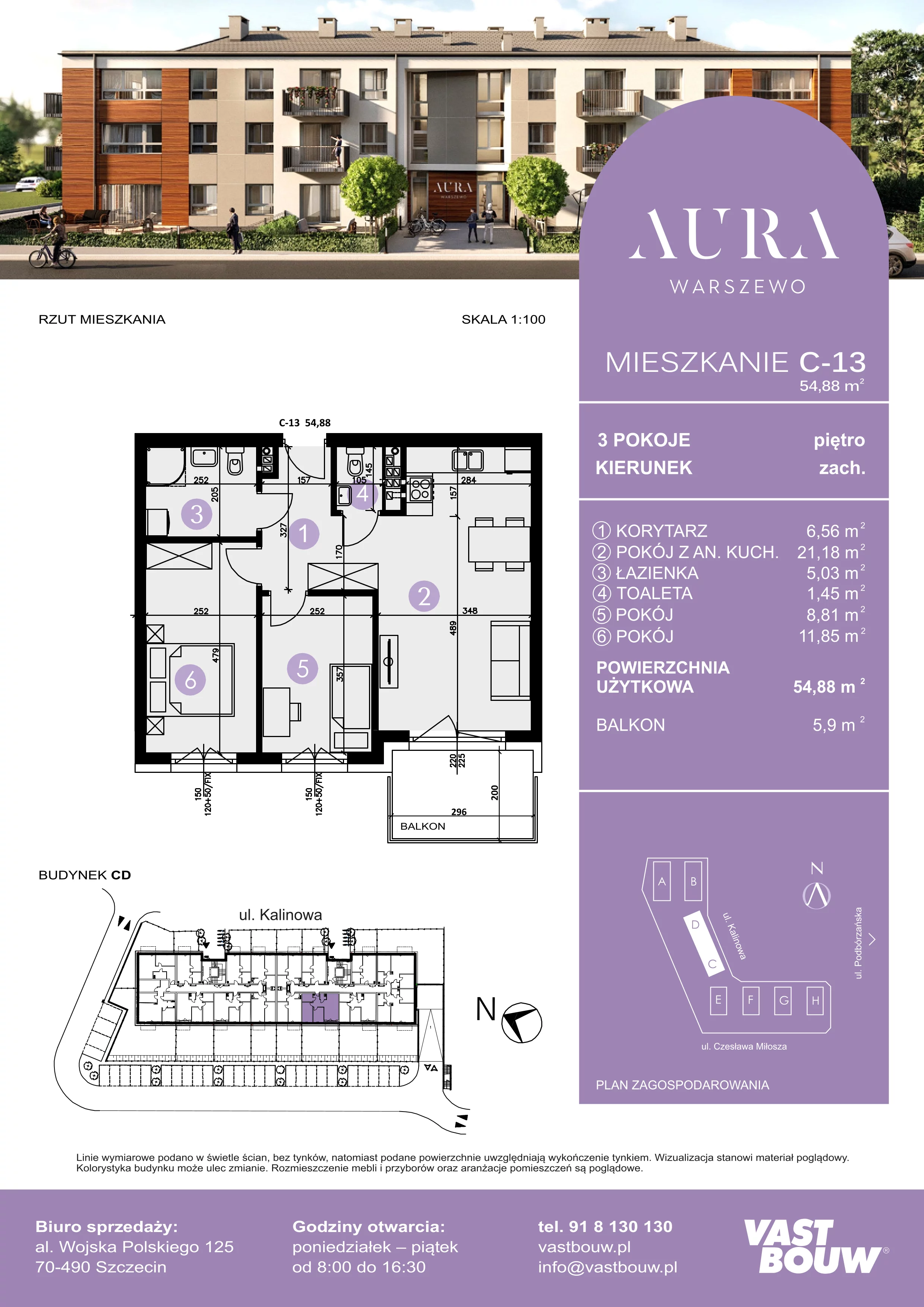 3 pokoje, mieszkanie 54,88 m², piętro 1, oferta nr C-13, AURA WARSZEWO, Szczecin, Północ, Warszewo, ul. Kalinowa