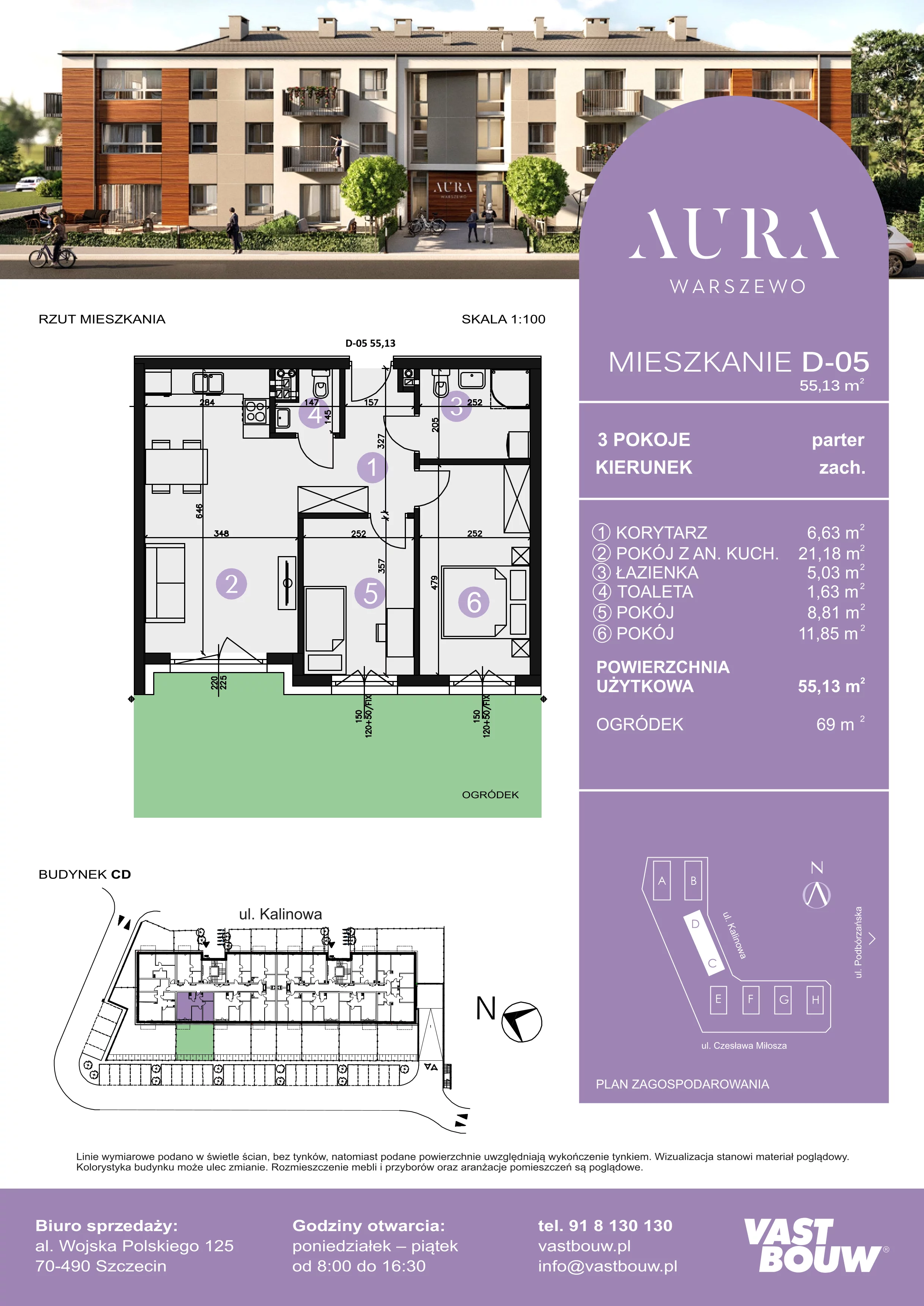 3 pokoje, mieszkanie 55,13 m², parter, oferta nr D-05, AURA WARSZEWO, Szczecin, Północ, Warszewo, ul. Kalinowa