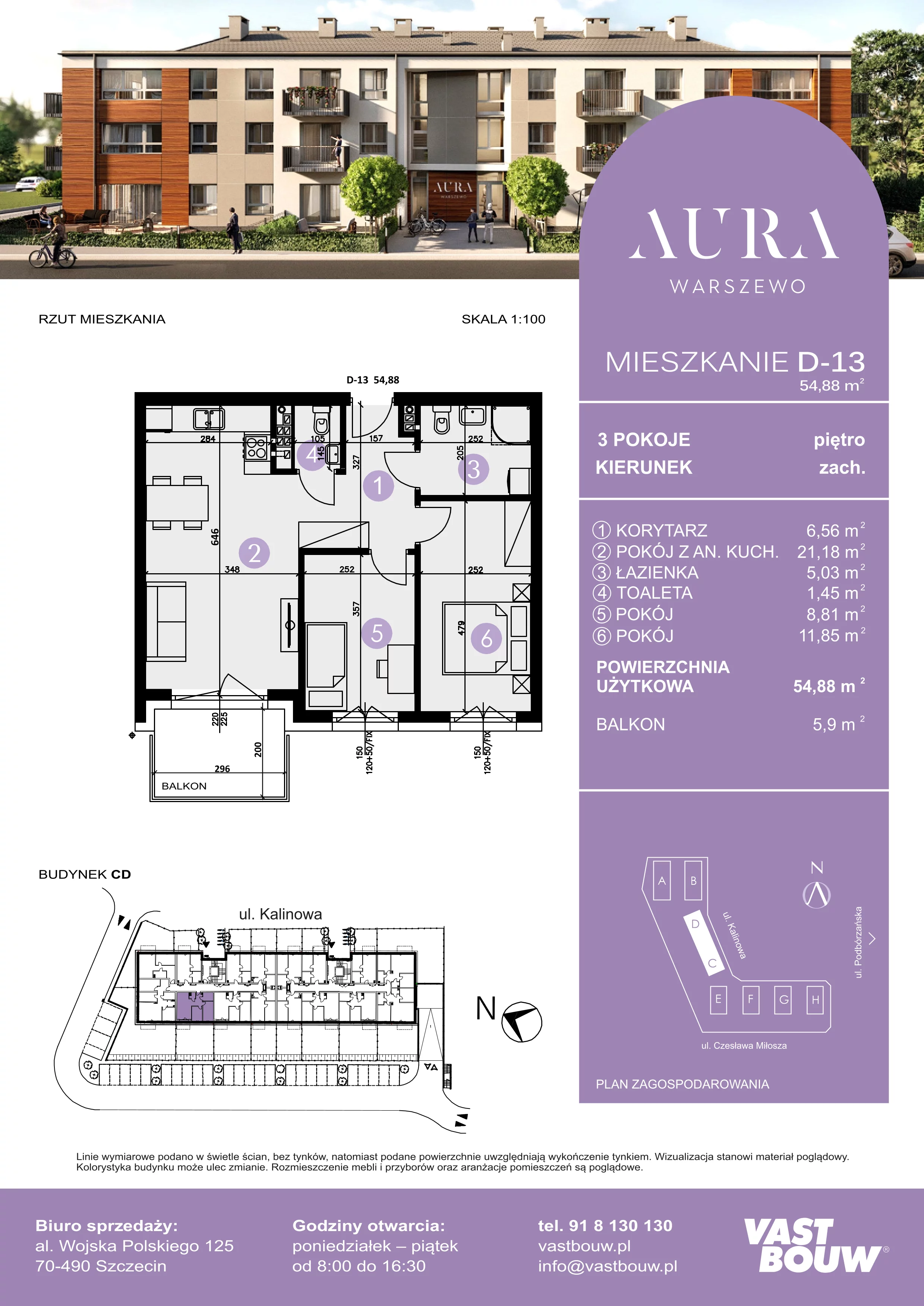 3 pokoje, mieszkanie 54,88 m², piętro 1, oferta nr D-13, AURA WARSZEWO, Szczecin, Północ, Warszewo, ul. Kalinowa