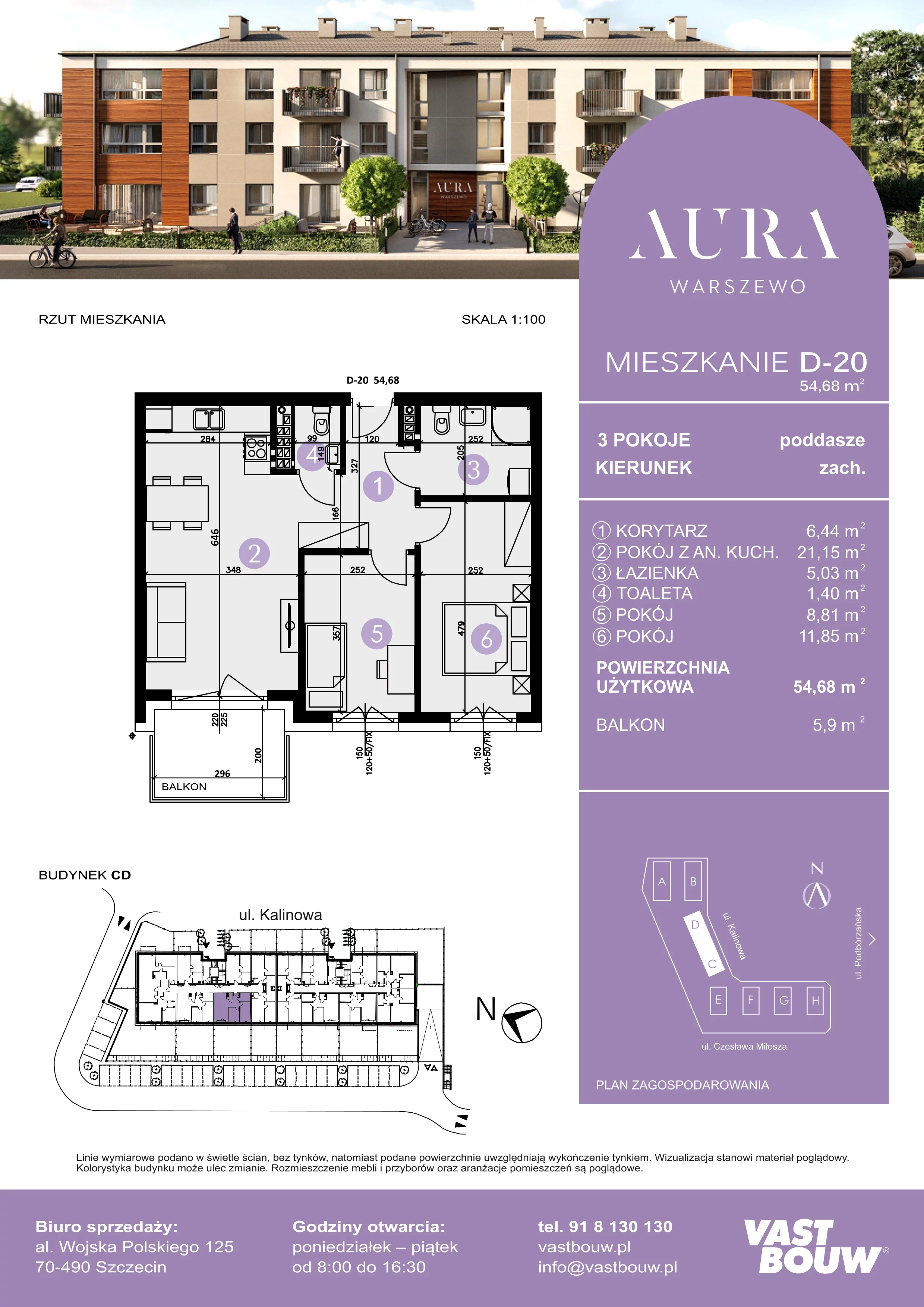 3 pokoje, mieszkanie 54,68 m², piętro 2, oferta nr D-20, AURA WARSZEWO, Szczecin, Północ, Warszewo, ul. Kalinowa