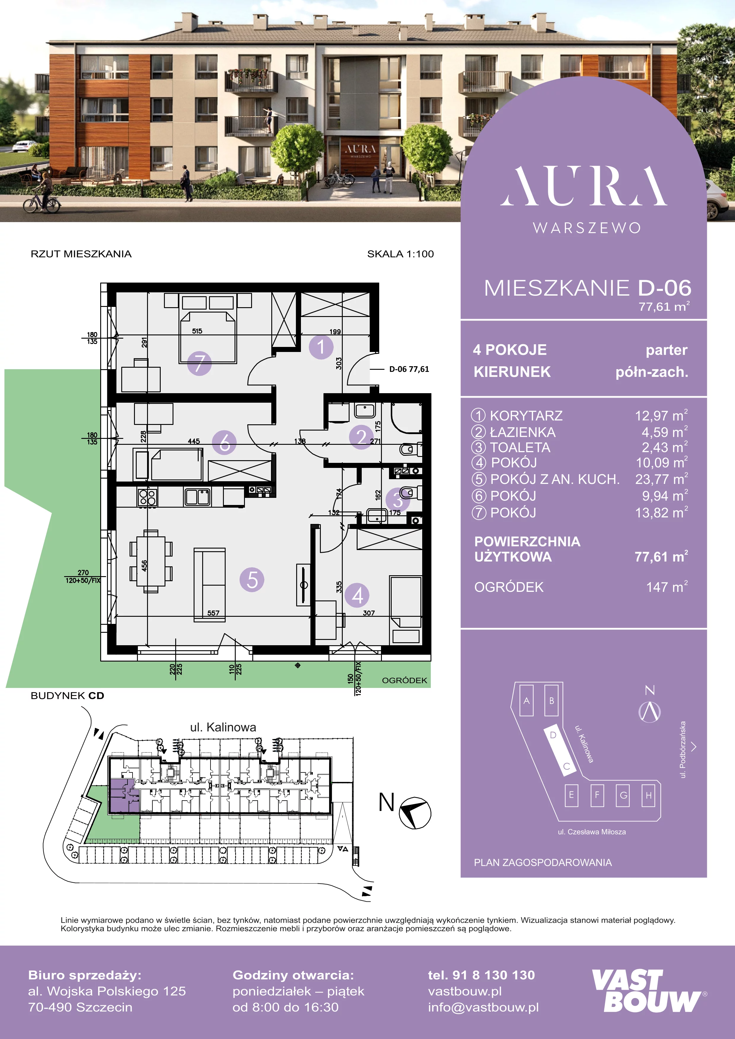 4 pokoje, mieszkanie 77,61 m², parter, oferta nr D-06, AURA WARSZEWO, Szczecin, Północ, Warszewo, ul. Kalinowa