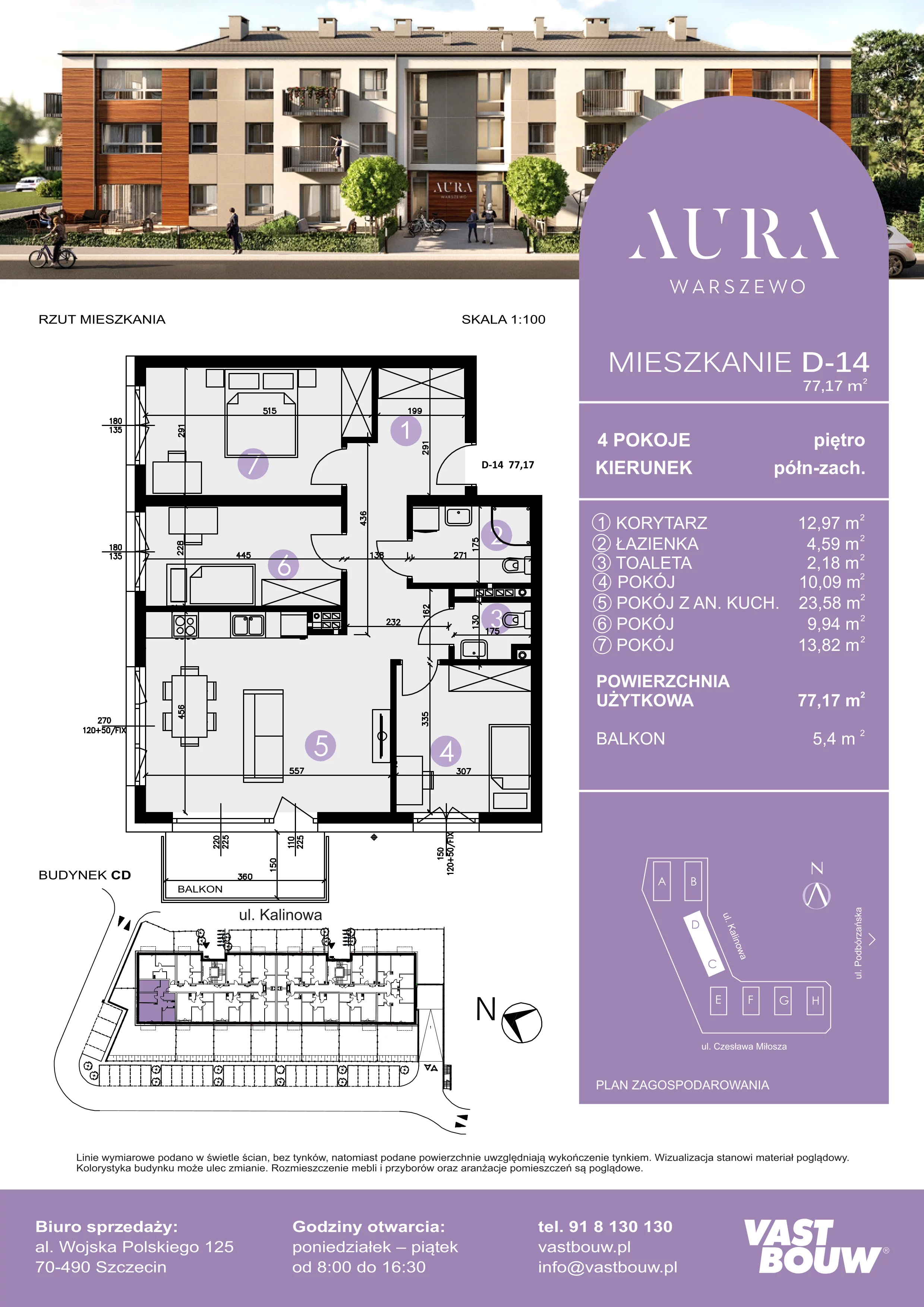 4 pokoje, mieszkanie 77,17 m², piętro 1, oferta nr D-14, AURA WARSZEWO, Szczecin, Północ, Warszewo, ul. Kalinowa