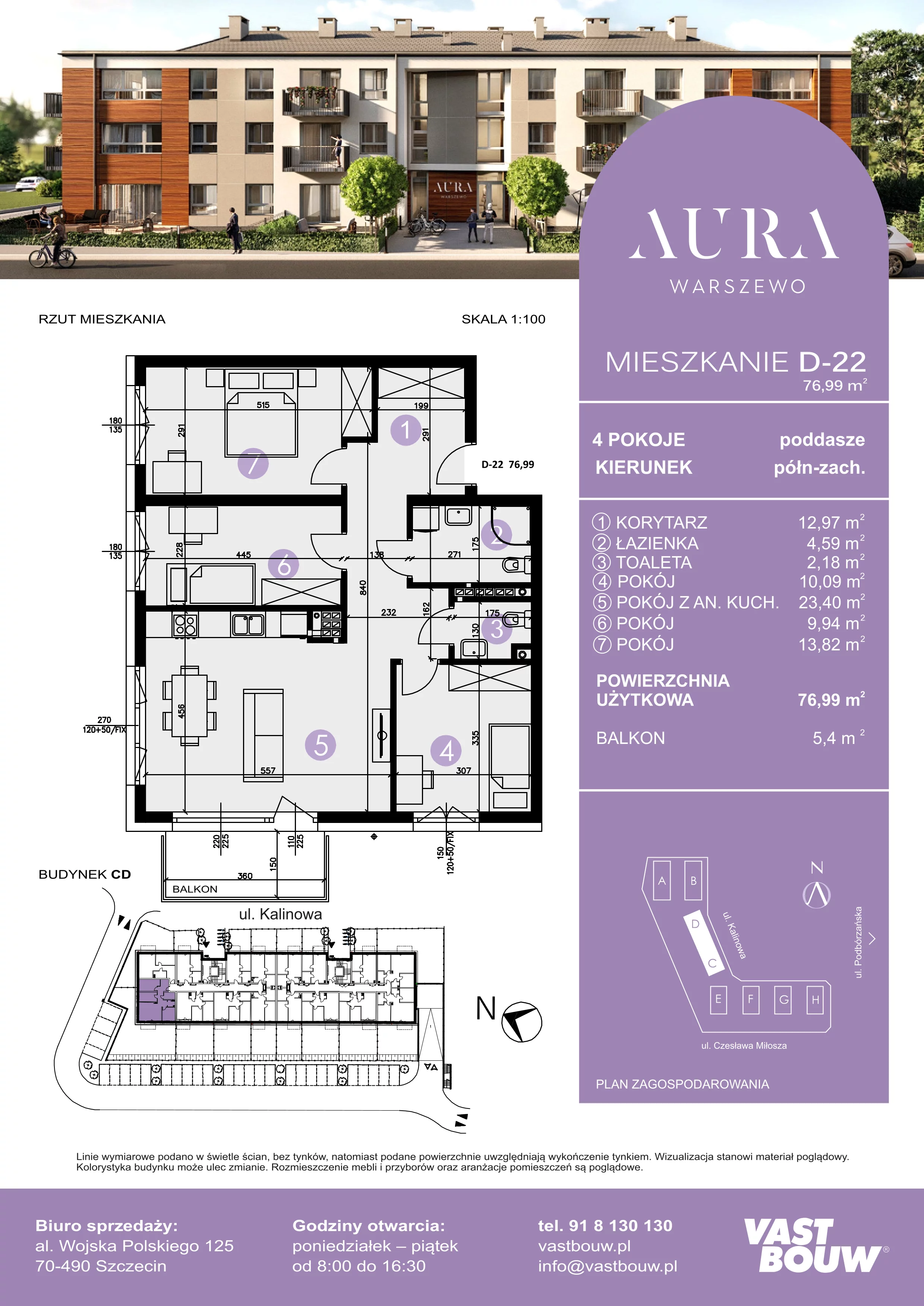 4 pokoje, mieszkanie 76,99 m², piętro 2, oferta nr D-22, AURA WARSZEWO, Szczecin, Północ, Warszewo, ul. Kalinowa
