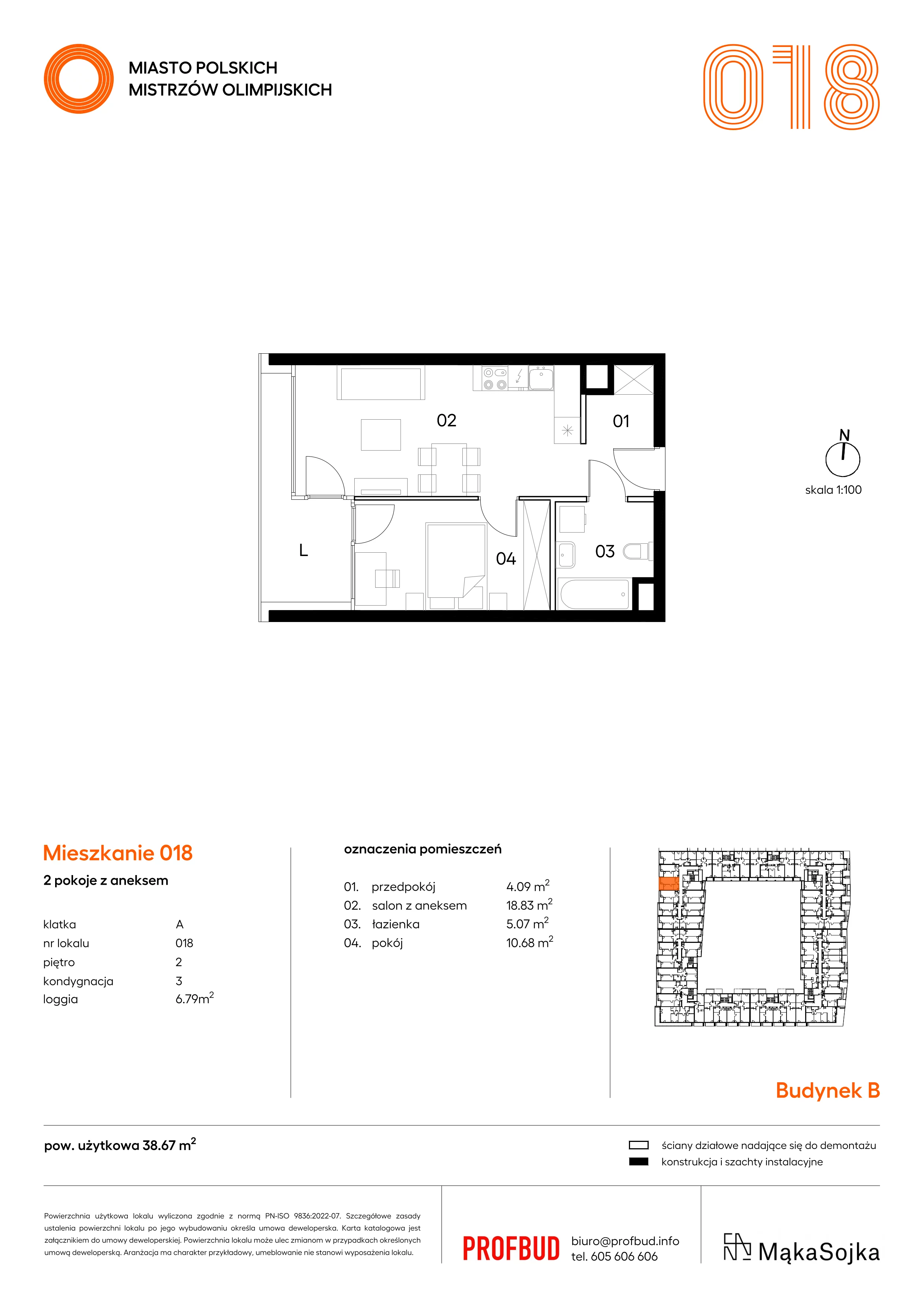 Mieszkanie 38,67 m², piętro 2, oferta nr B.A018, Miasto Polskich Mistrzów Olimpijskich - Paryż, Mysiadło, ul. Olimpijska