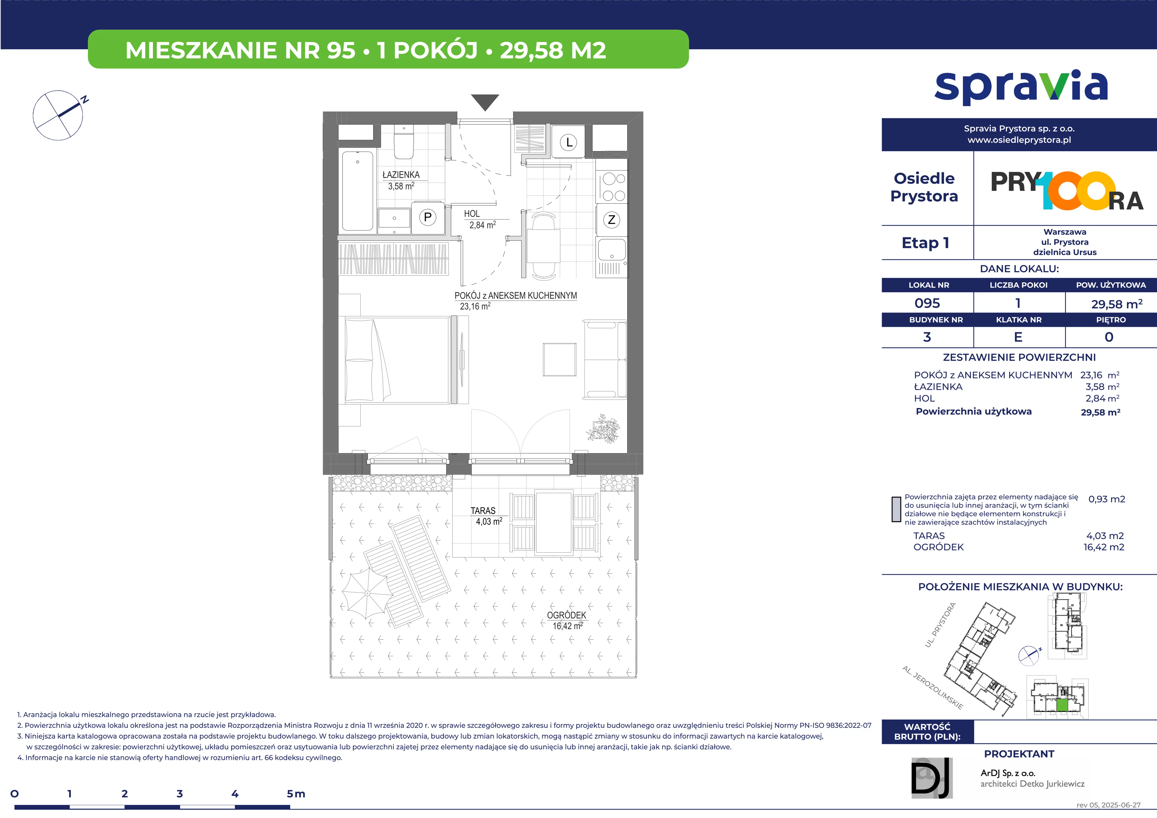 1 pokój, mieszkanie 29,58 m², parter, oferta nr 3/95, Osiedle Prystora, Warszawa, Ursus, Skorosze, ul. Prystora
