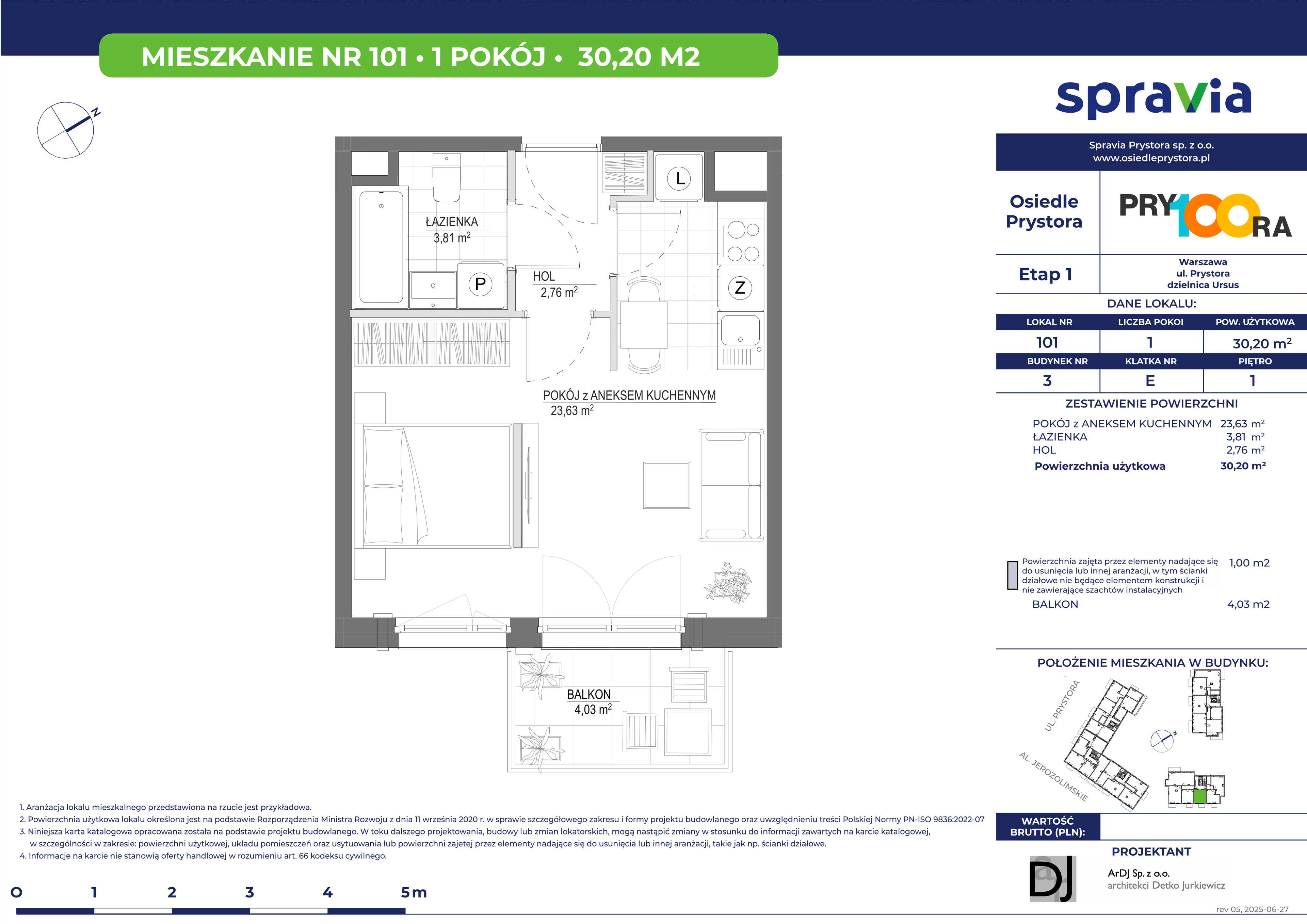 1 pokój, mieszkanie 30,20 m², piętro 1, oferta nr 3/101, Osiedle Prystora, Warszawa, Ursus, Skorosze, ul. Prystora