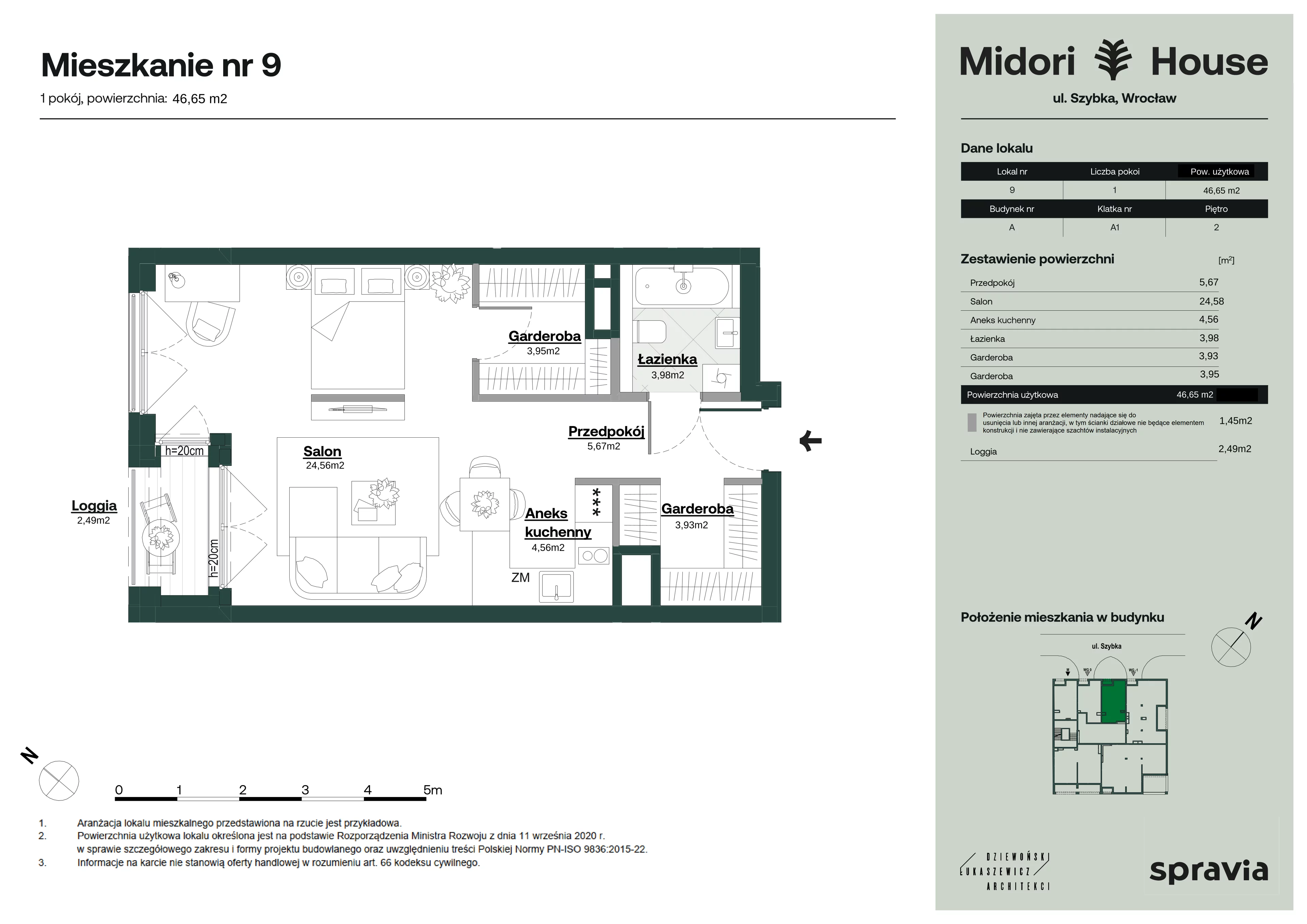 1 pokój, mieszkanie 46,65 m², piętro 2, oferta nr A/9, Midori House, Wrocław, Przedmieście Oławskie, ul. Szybka 9