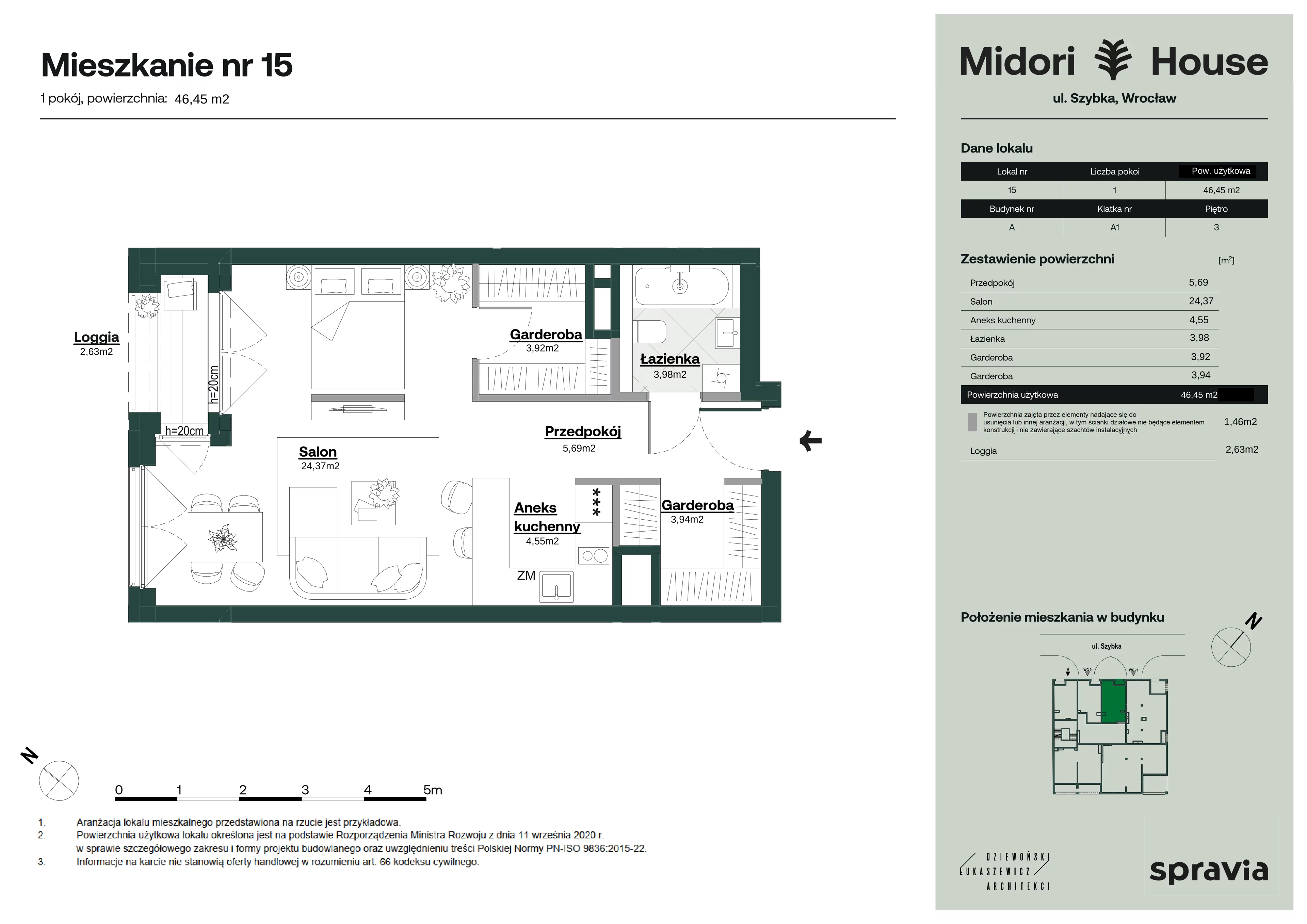 1 pokój, mieszkanie 46,45 m², piętro 3, oferta nr A/15, Midori House, Wrocław, Przedmieście Oławskie, ul. Szybka 9