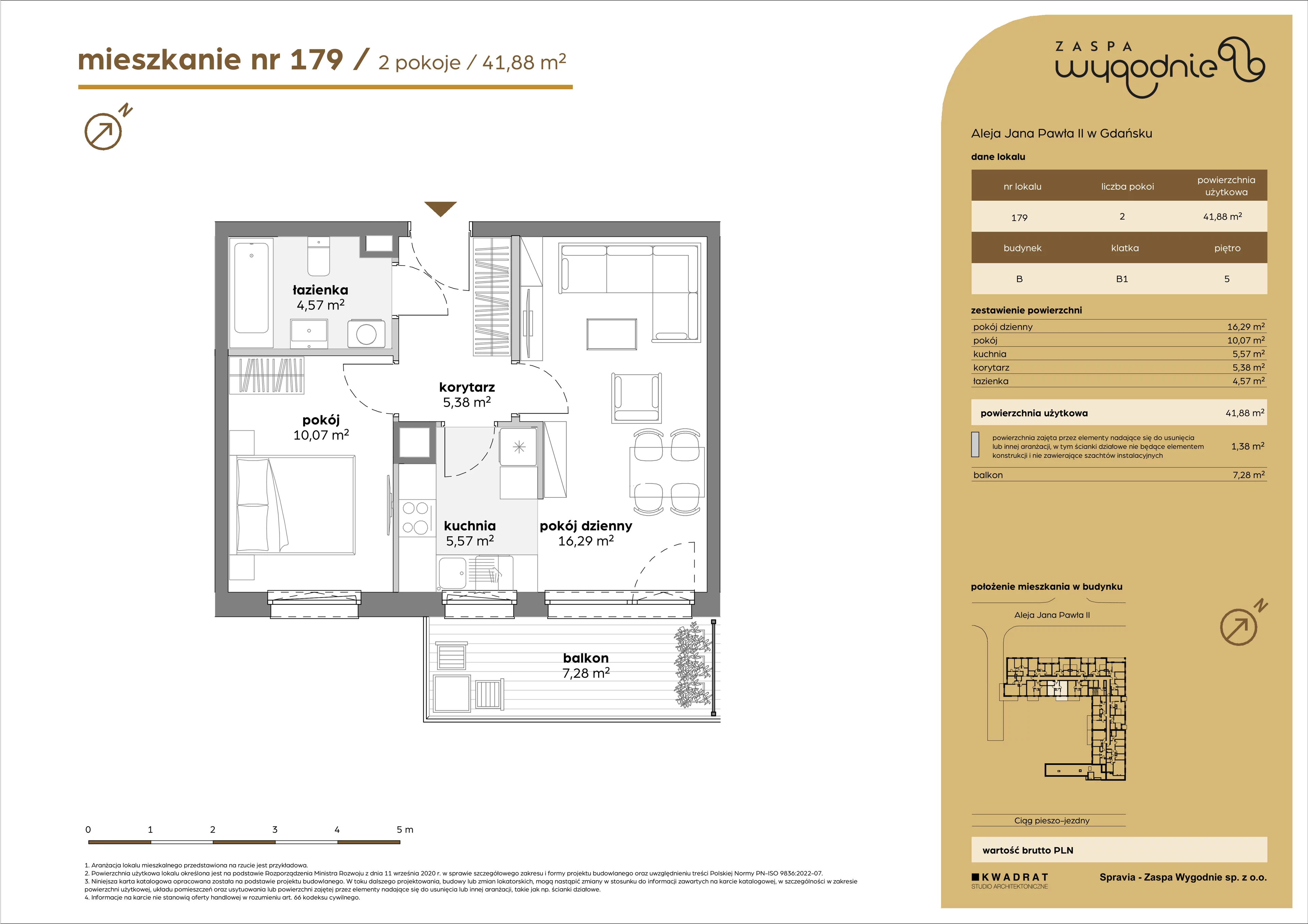 2 pokoje, mieszkanie 41,88 m², piętro 5, oferta nr B/179, Zaspa Wygodnie, Gdańsk, Zaspa, Zaspa-Młyniec, Al. Jana Pawła II