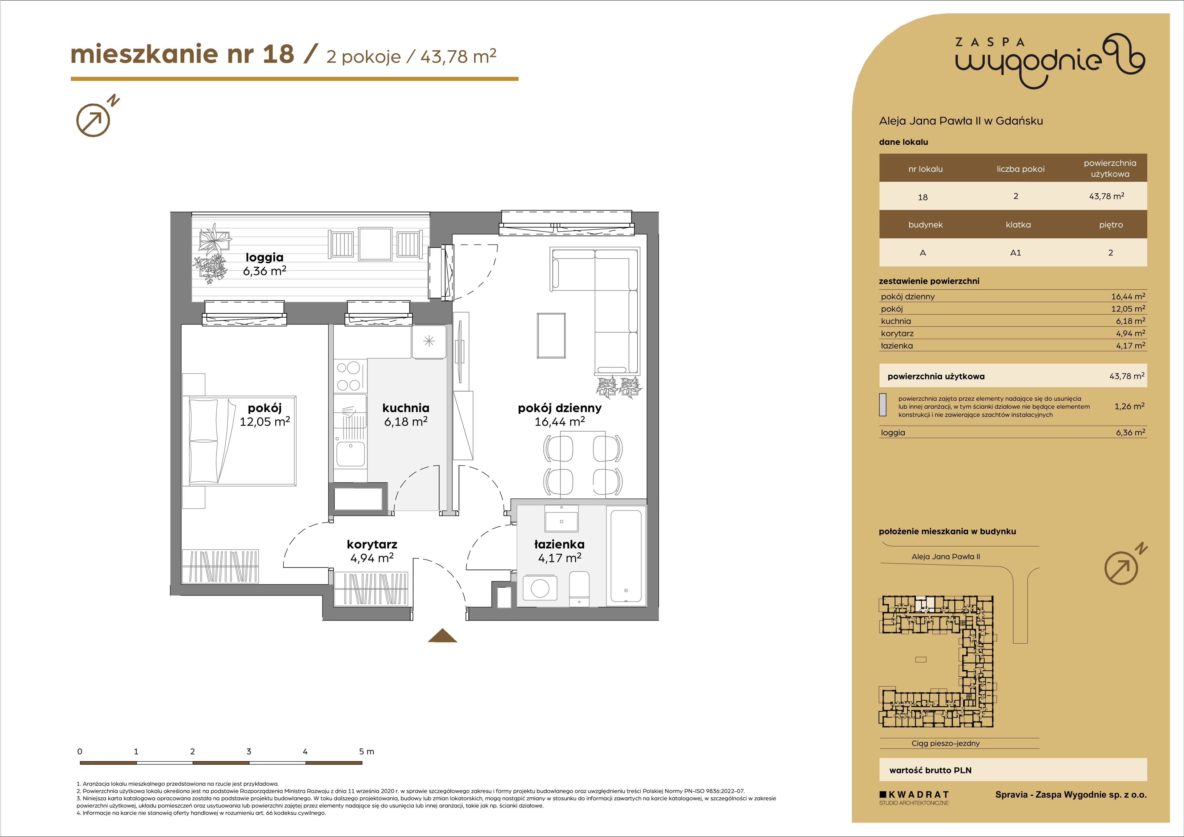 2 pokoje, mieszkanie 43,78 m², piętro 2, oferta nr A/18, Zaspa Wygodnie, Gdańsk, Zaspa, Zaspa-Młyniec, Al. Jana Pawła II
