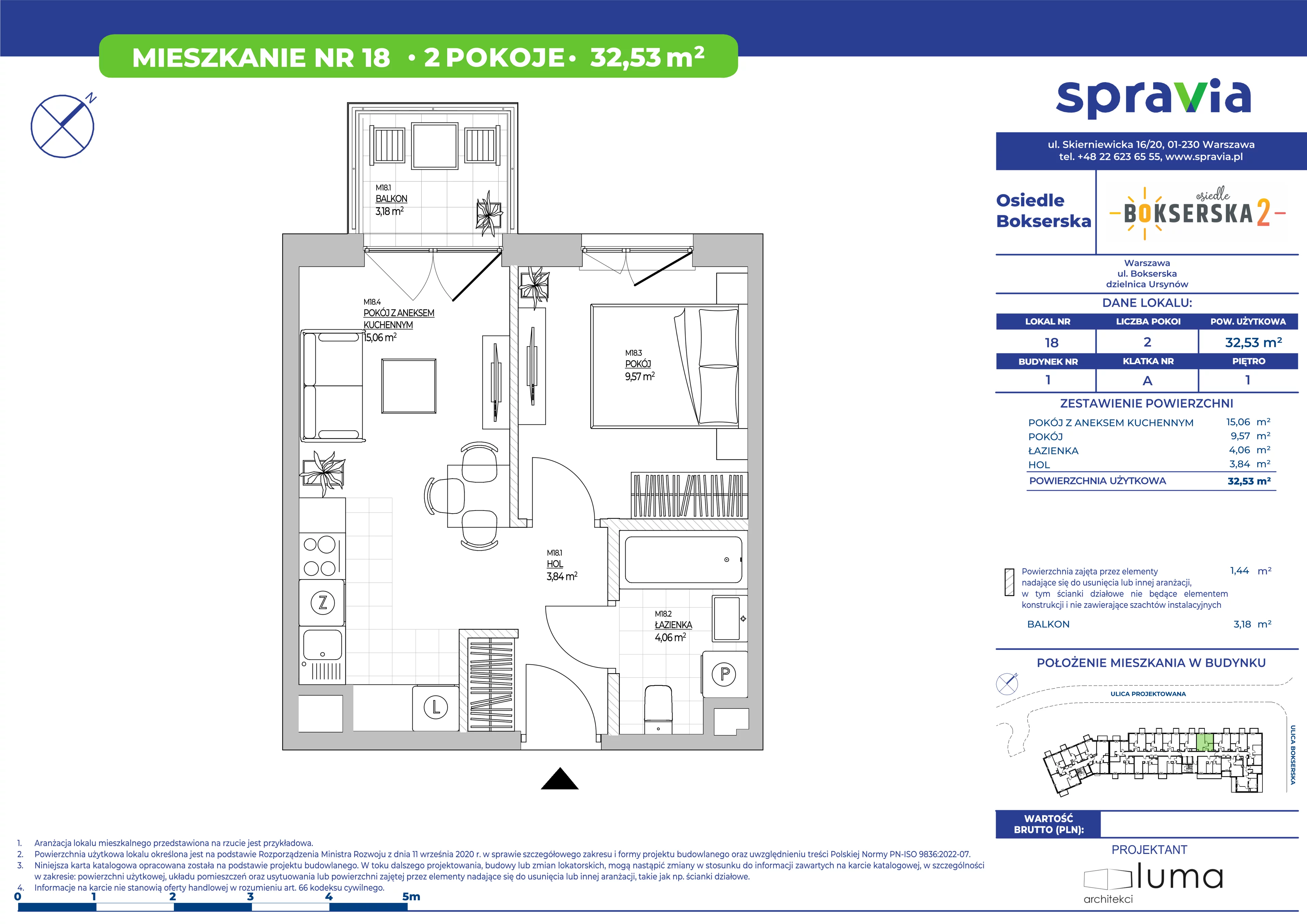 2 pokoje, mieszkanie 32,53 m², piętro 1, oferta nr B1/18, Osiedle Bokserska 2, Warszawa, Ursynów, Wyczółki, ul. Bokserska 73A