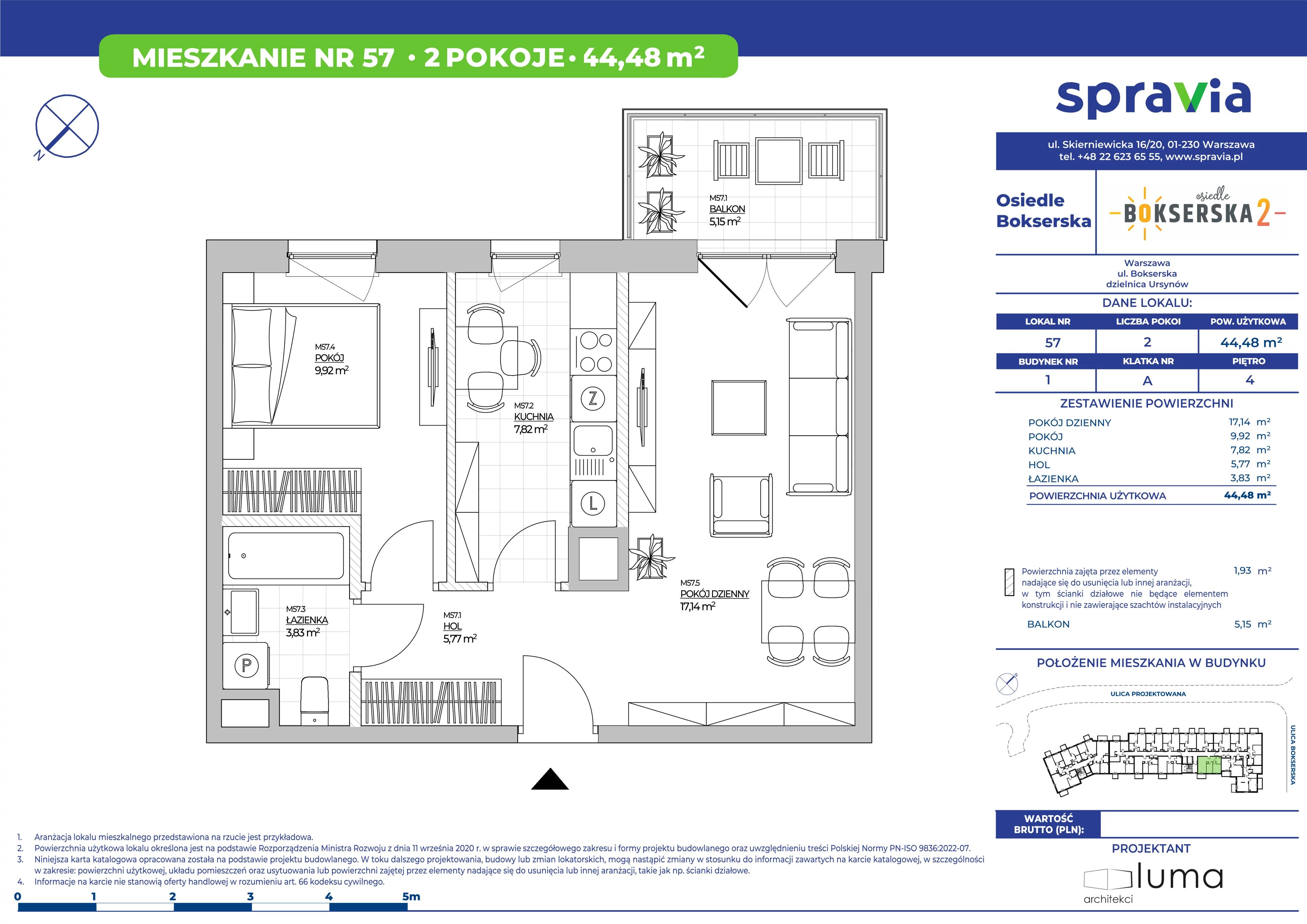 2 pokoje, mieszkanie 44,48 m², piętro 4, oferta nr B1/57, Osiedle Bokserska 2, Warszawa, Ursynów, Wyczółki, ul. Bokserska 73A