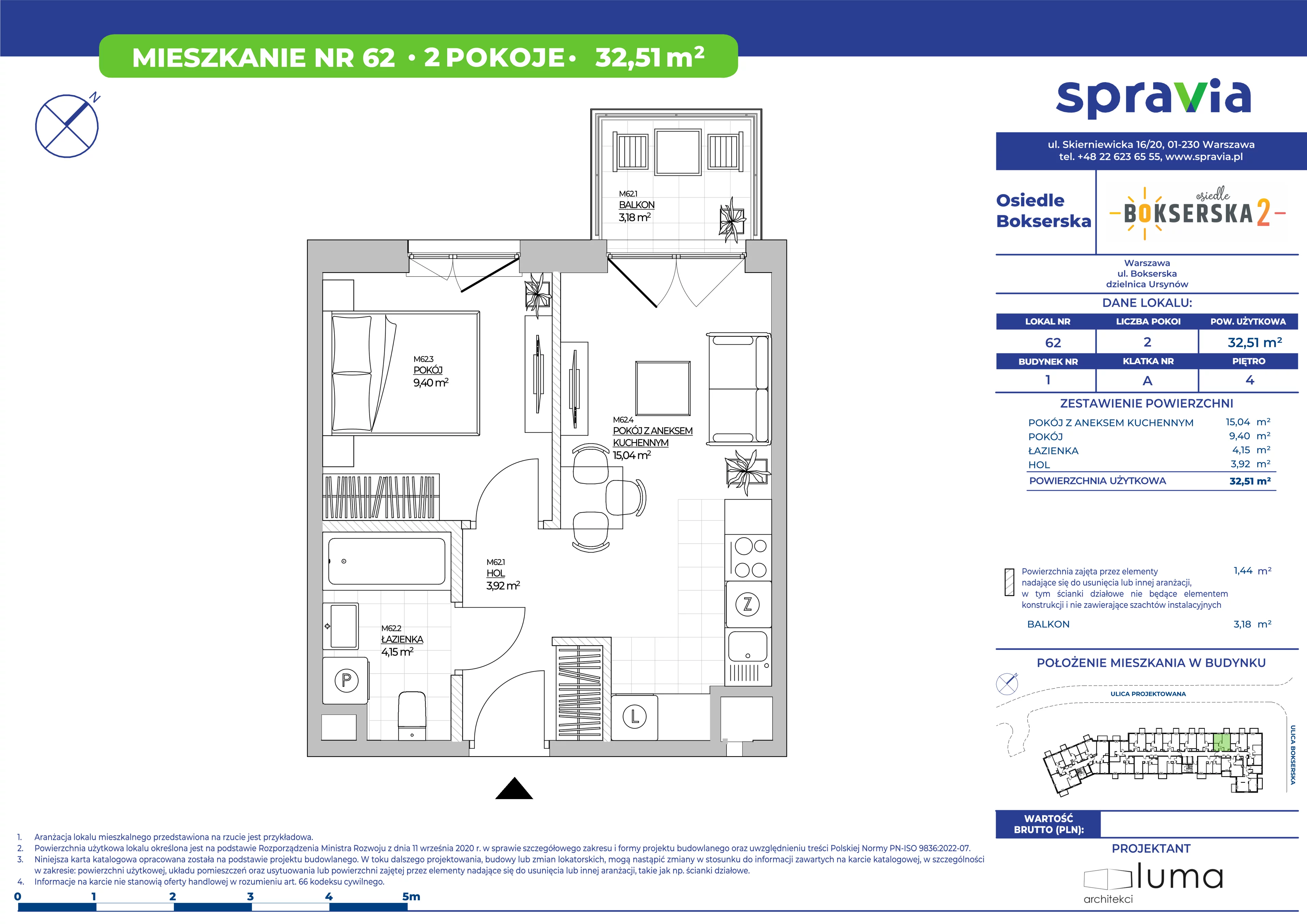 2 pokoje, mieszkanie 32,51 m², piętro 4, oferta nr B1/62, Osiedle Bokserska 2, Warszawa, Ursynów, Wyczółki, ul. Bokserska 73A
