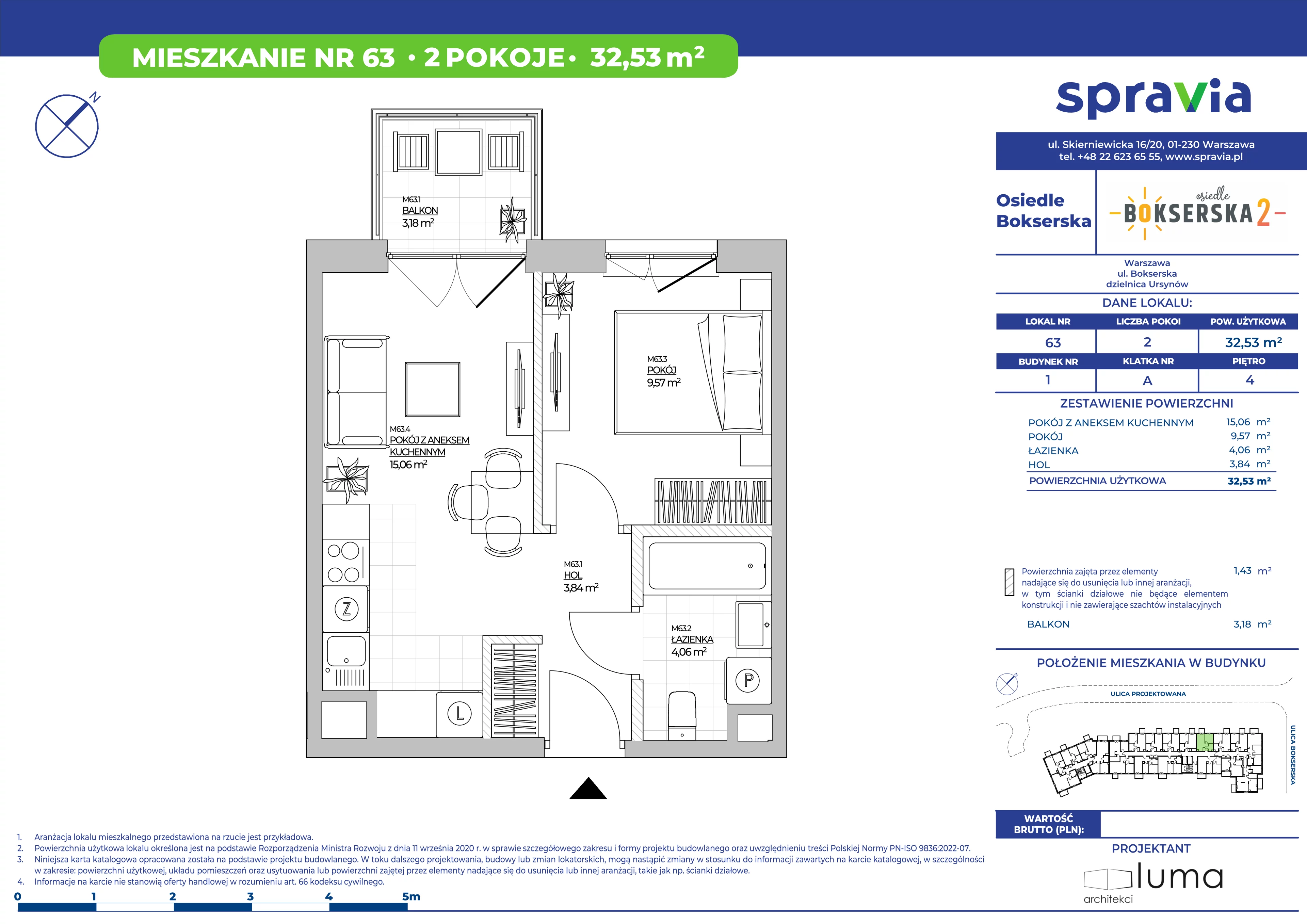 2 pokoje, mieszkanie 32,53 m², piętro 4, oferta nr B1/63, Osiedle Bokserska 2, Warszawa, Ursynów, Wyczółki, ul. Bokserska 73A