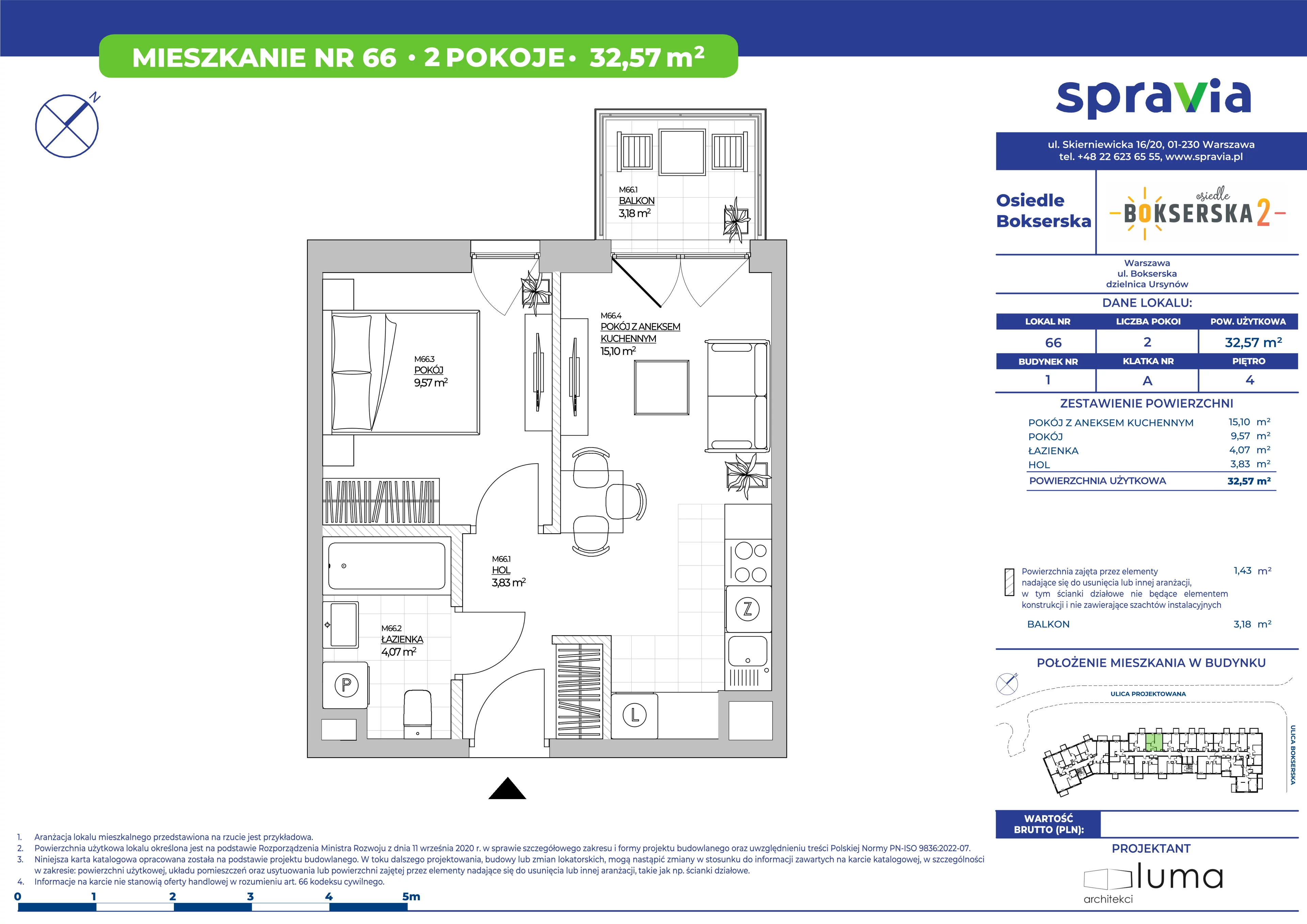 2 pokoje, mieszkanie 32,57 m², piętro 4, oferta nr B1/66, Osiedle Bokserska 2, Warszawa, Ursynów, Wyczółki, ul. Bokserska 73A