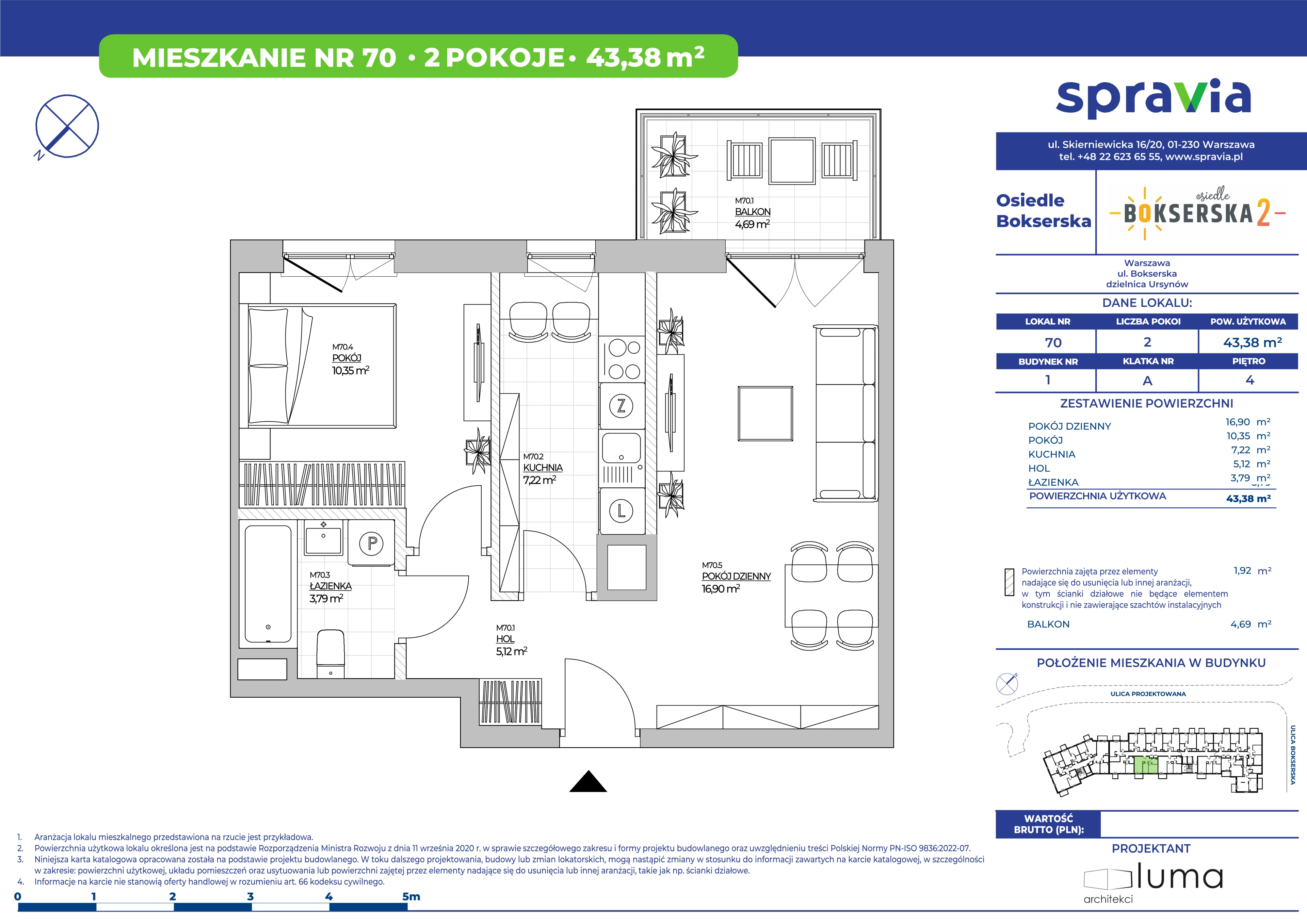 2 pokoje, mieszkanie 43,38 m², piętro 4, oferta nr B1/70, Osiedle Bokserska 2, Warszawa, Ursynów, Wyczółki, ul. Bokserska 73A