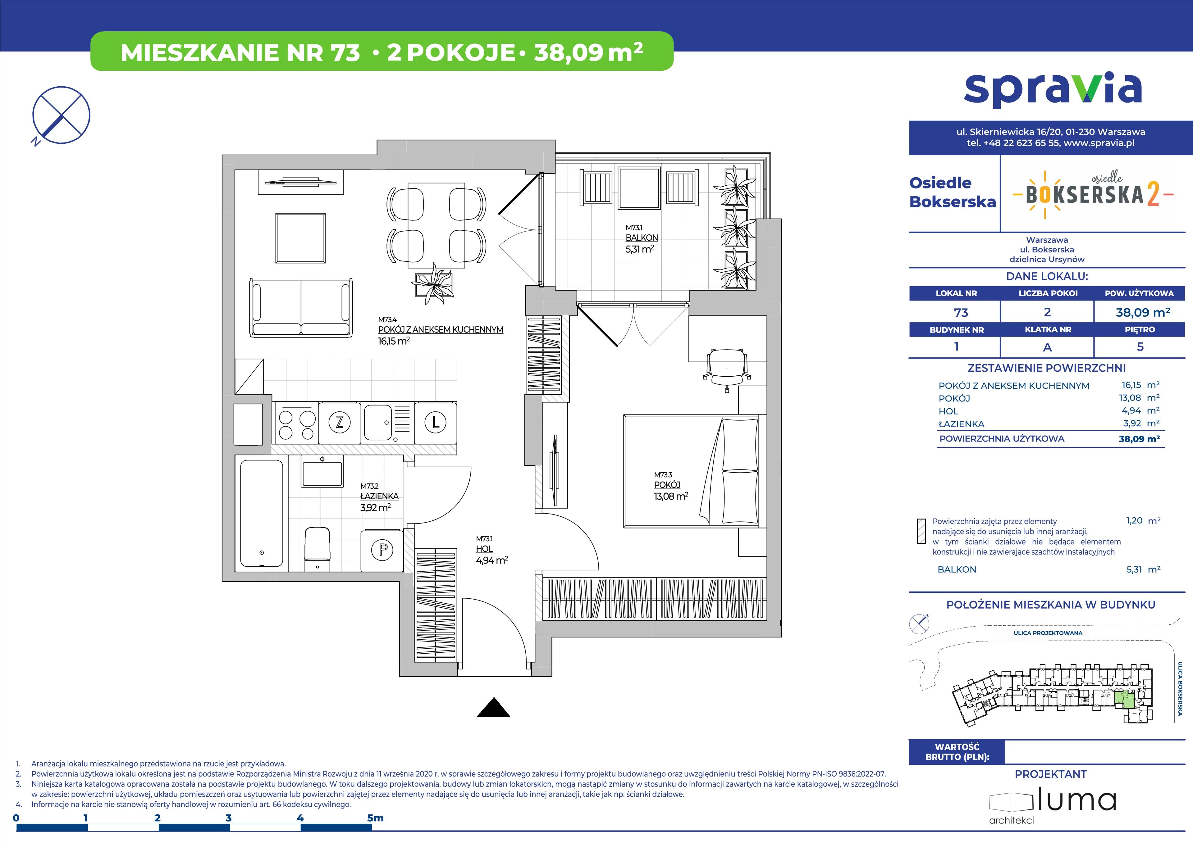 2 pokoje, mieszkanie 38,09 m², piętro 5, oferta nr B1/73, Osiedle Bokserska 2, Warszawa, Ursynów, Wyczółki, ul. Bokserska 73A