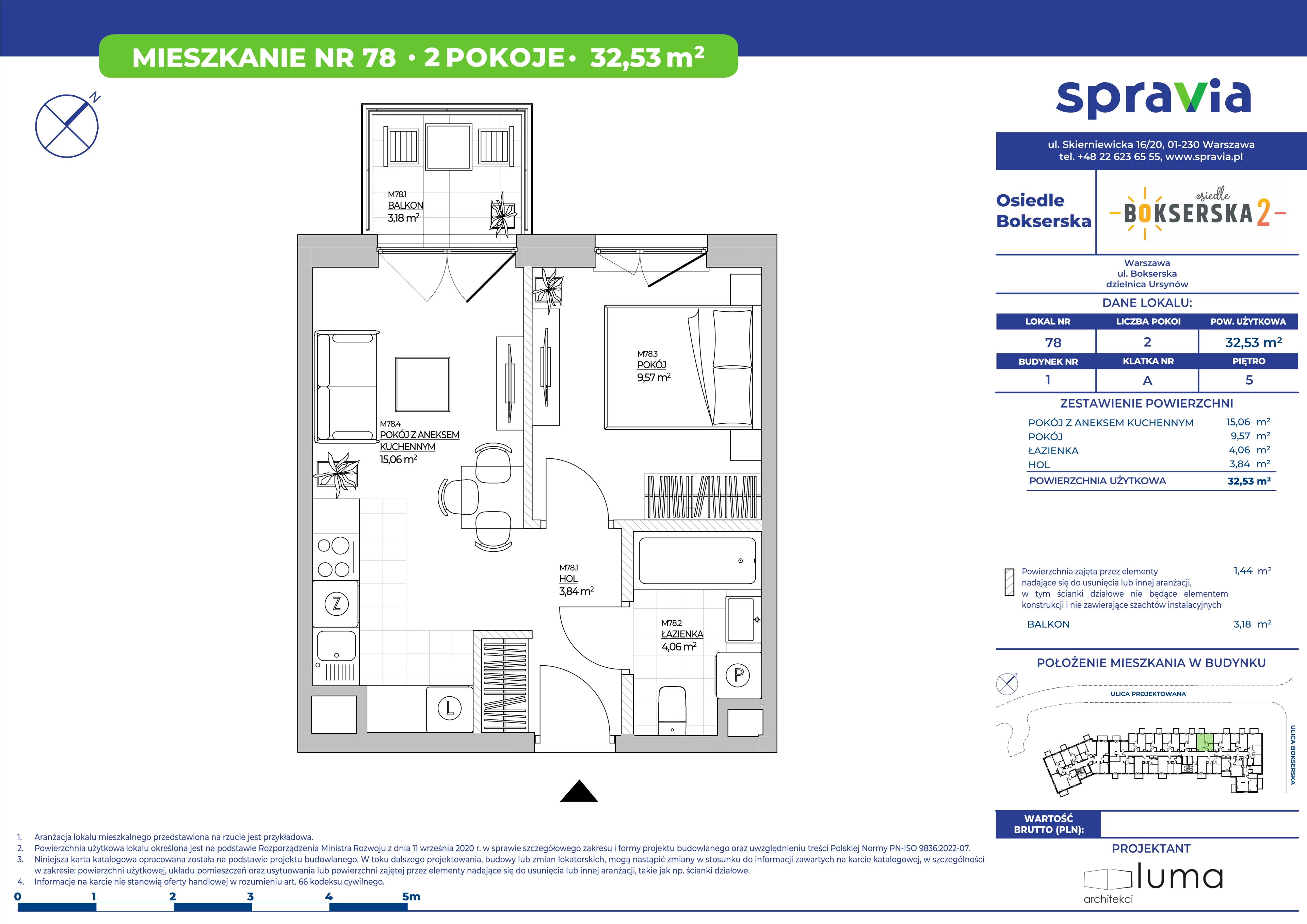 2 pokoje, mieszkanie 32,53 m², piętro 5, oferta nr B1/78, Osiedle Bokserska 2, Warszawa, Ursynów, Wyczółki, ul. Bokserska 73A