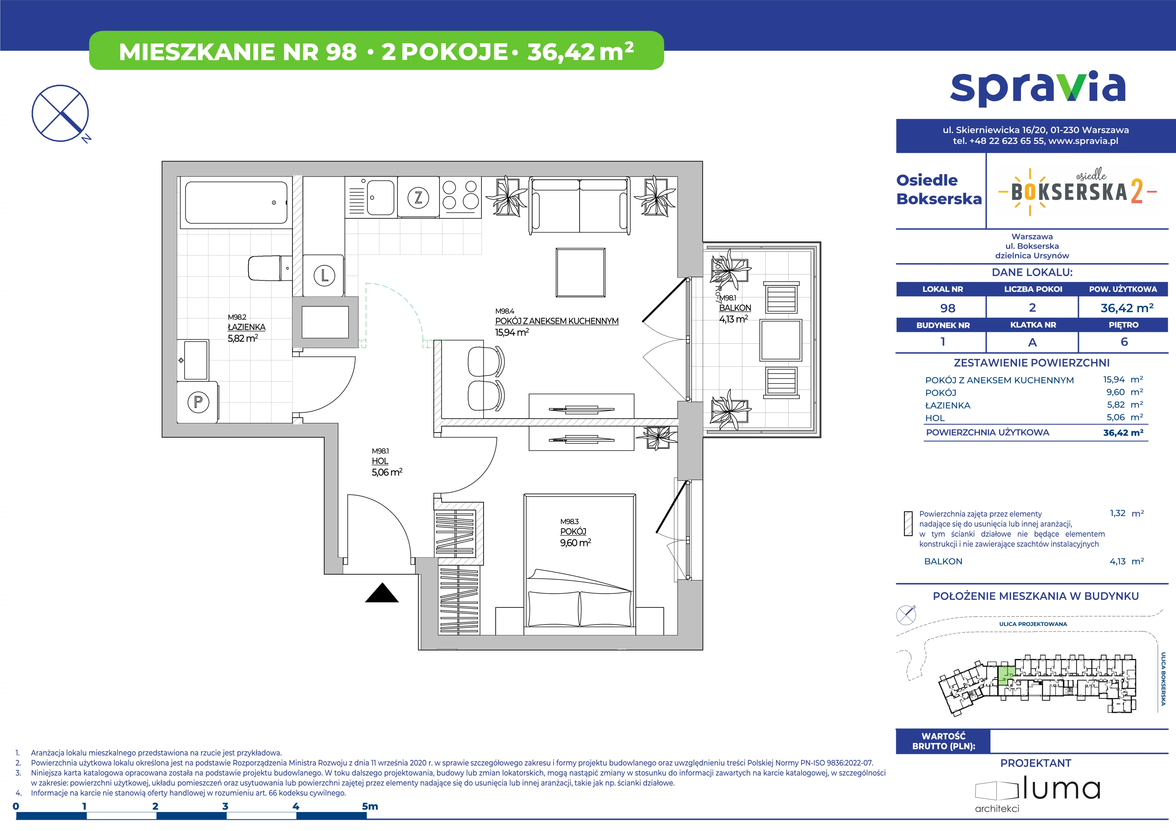 2 pokoje, mieszkanie 36,42 m², piętro 6, oferta nr B1/98, Osiedle Bokserska 2, Warszawa, Ursynów, Wyczółki, ul. Bokserska 73A