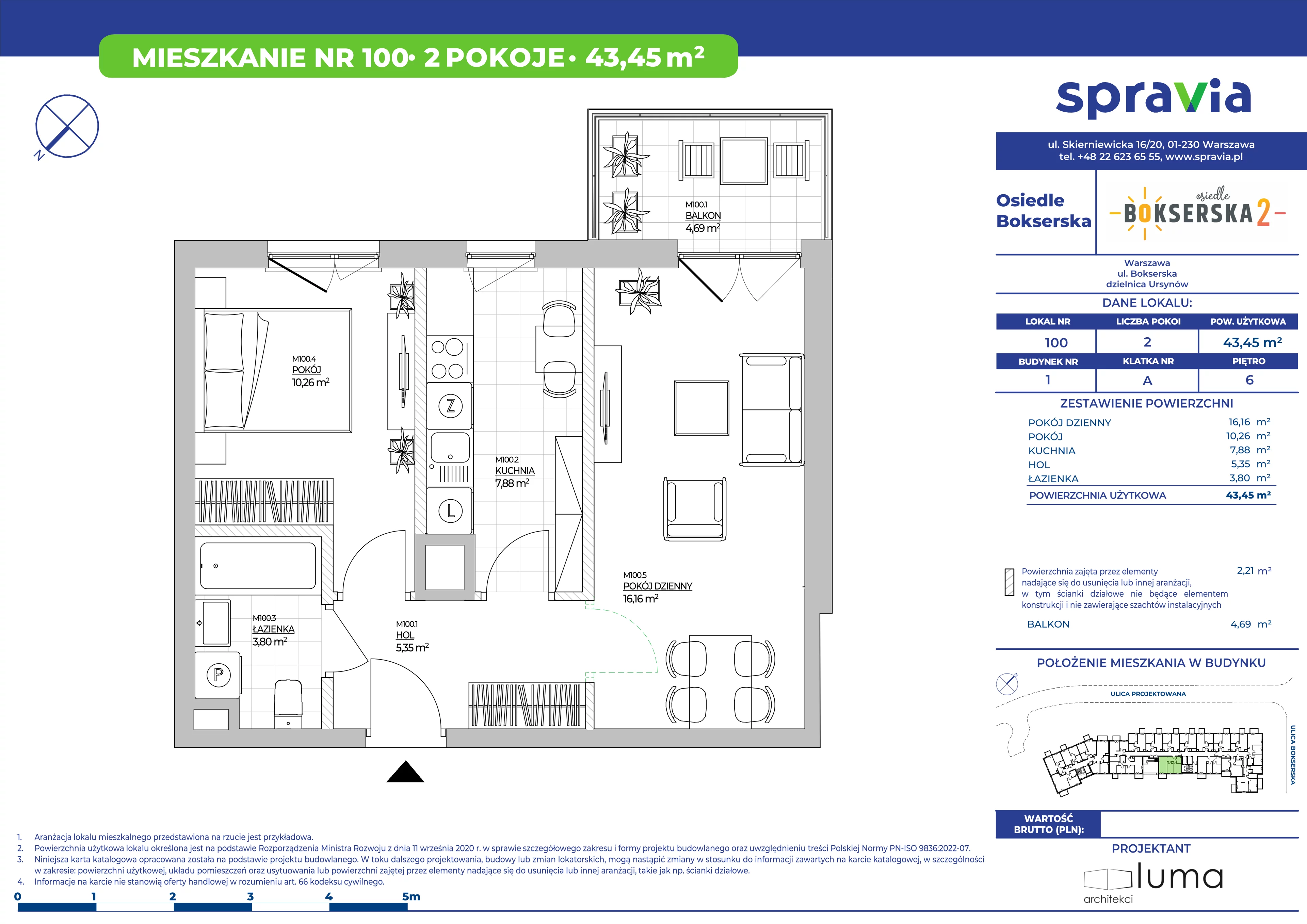 2 pokoje, mieszkanie 43,42 m², piętro 6, oferta nr B1/100, Osiedle Bokserska 2, Warszawa, Ursynów, Wyczółki, ul. Bokserska 73A