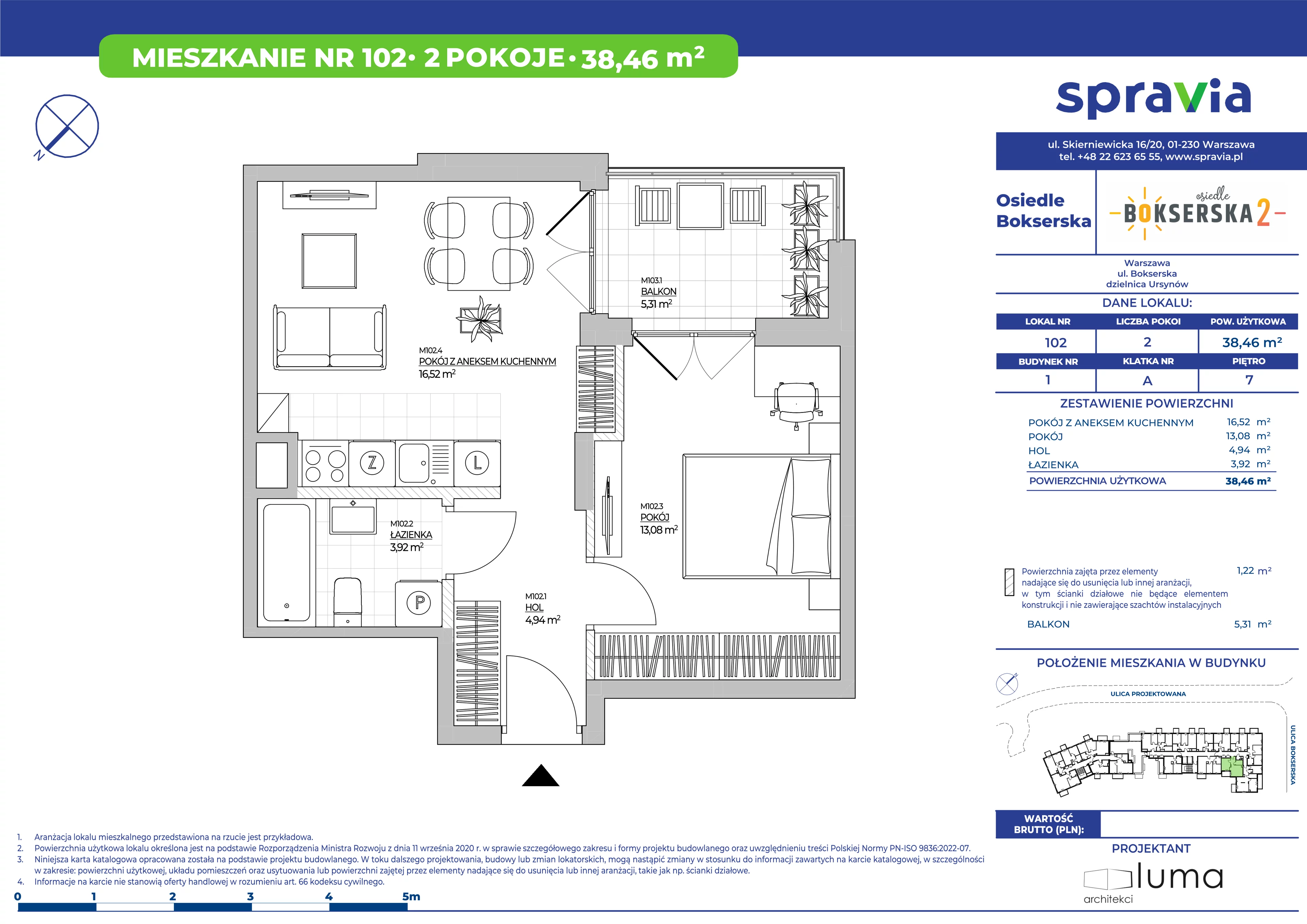 2 pokoje, mieszkanie 38,46 m², piętro 7, oferta nr B1/102, Osiedle Bokserska 2, Warszawa, Ursynów, Wyczółki, ul. Bokserska 73A