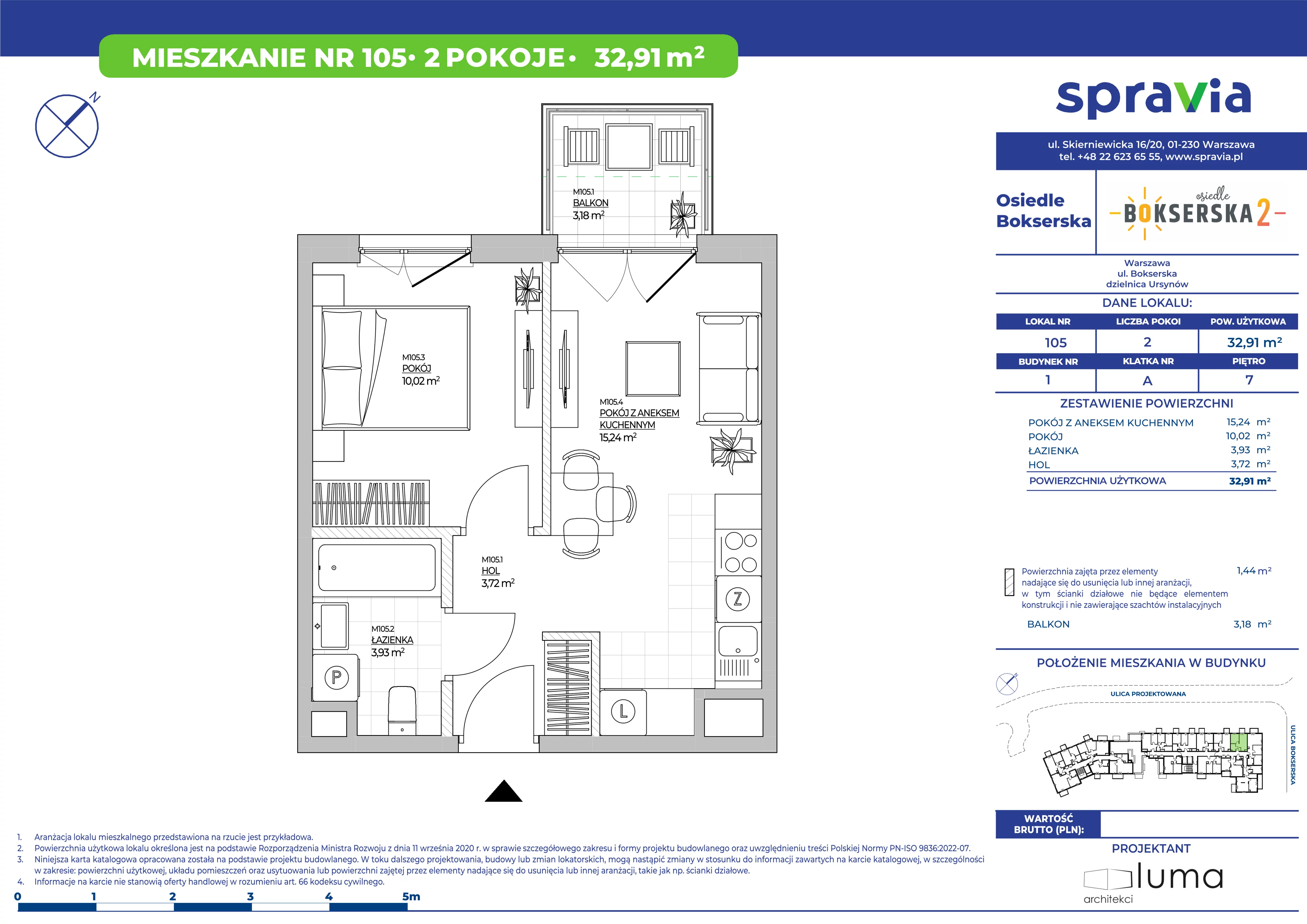 2 pokoje, mieszkanie 32,91 m², piętro 7, oferta nr B1/105, Osiedle Bokserska 2, Warszawa, Ursynów, Wyczółki, ul. Bokserska 73A