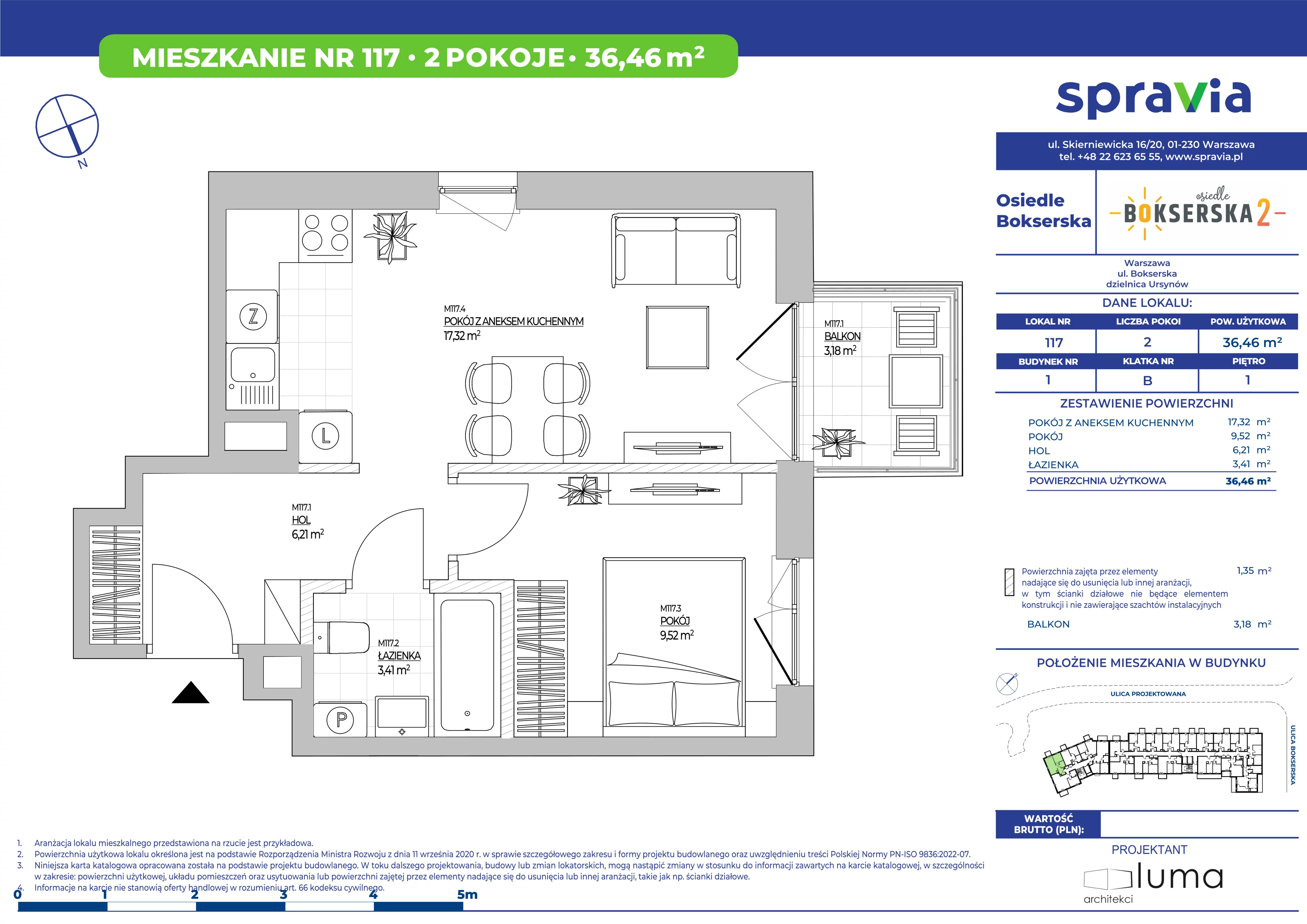 2 pokoje, mieszkanie 36,46 m², piętro 1, oferta nr B1/117, Osiedle Bokserska 2, Warszawa, Ursynów, Wyczółki, ul. Bokserska 73A