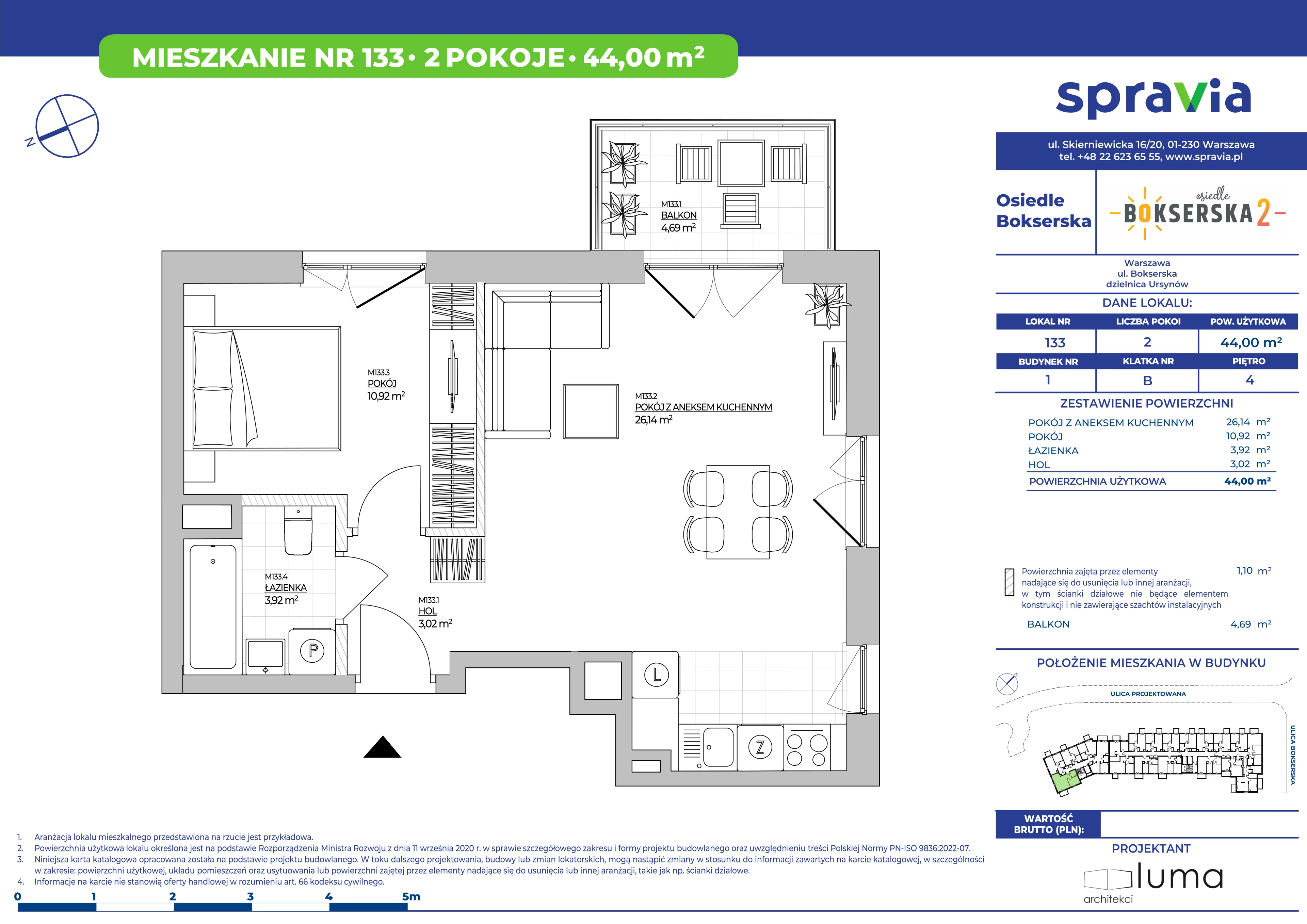 2 pokoje, mieszkanie 44,00 m², piętro 4, oferta nr B1/133, Osiedle Bokserska 2, Warszawa, Ursynów, Wyczółki, ul. Bokserska 73A