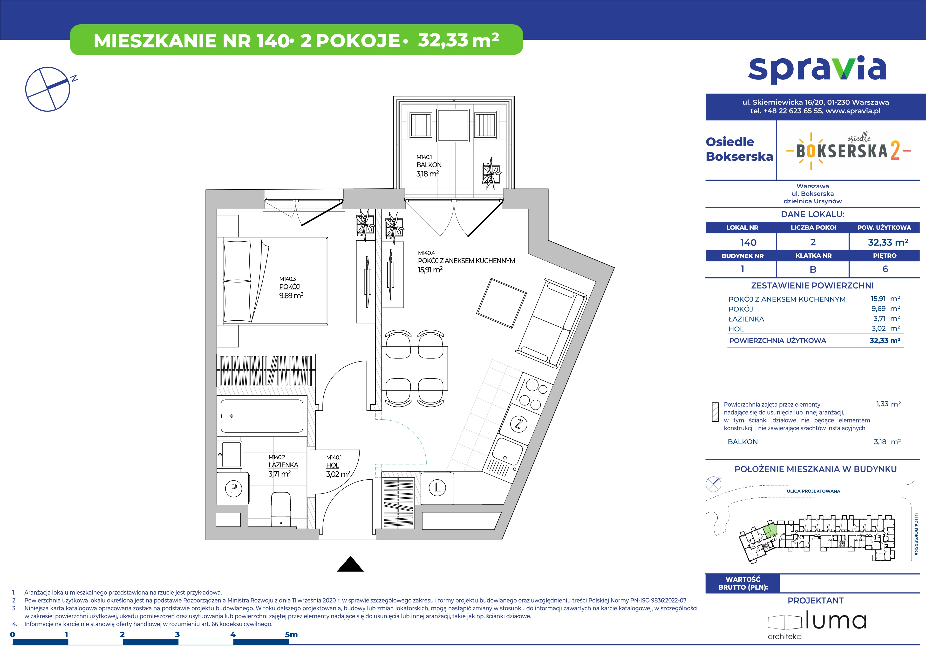 2 pokoje, mieszkanie 32,33 m², piętro 6, oferta nr B1/140, Osiedle Bokserska 2, Warszawa, Ursynów, Wyczółki, ul. Bokserska 73A