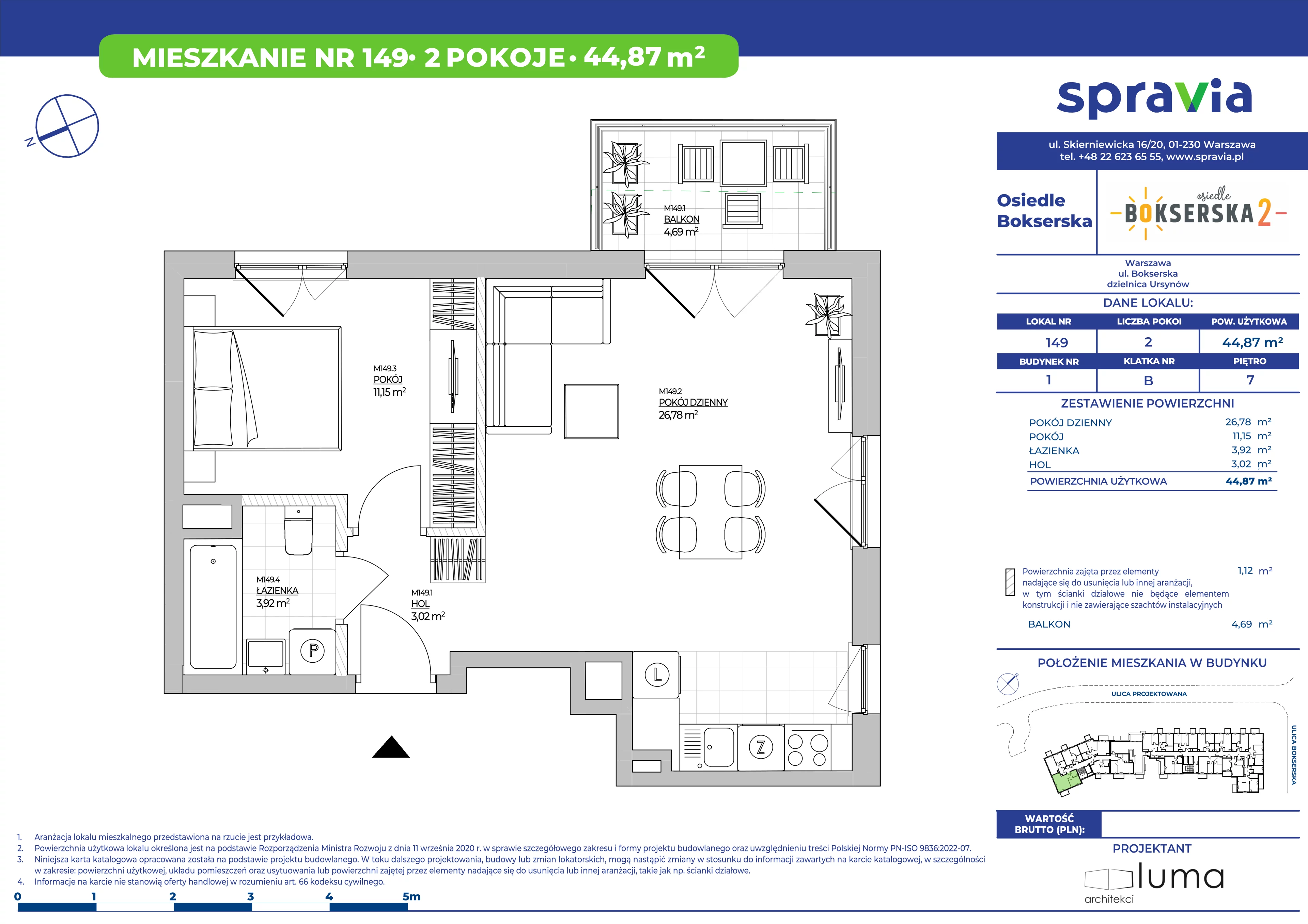 2 pokoje, mieszkanie 44,87 m², piętro 7, oferta nr B1/149, Osiedle Bokserska 2, Warszawa, Ursynów, Wyczółki, ul. Bokserska 73A