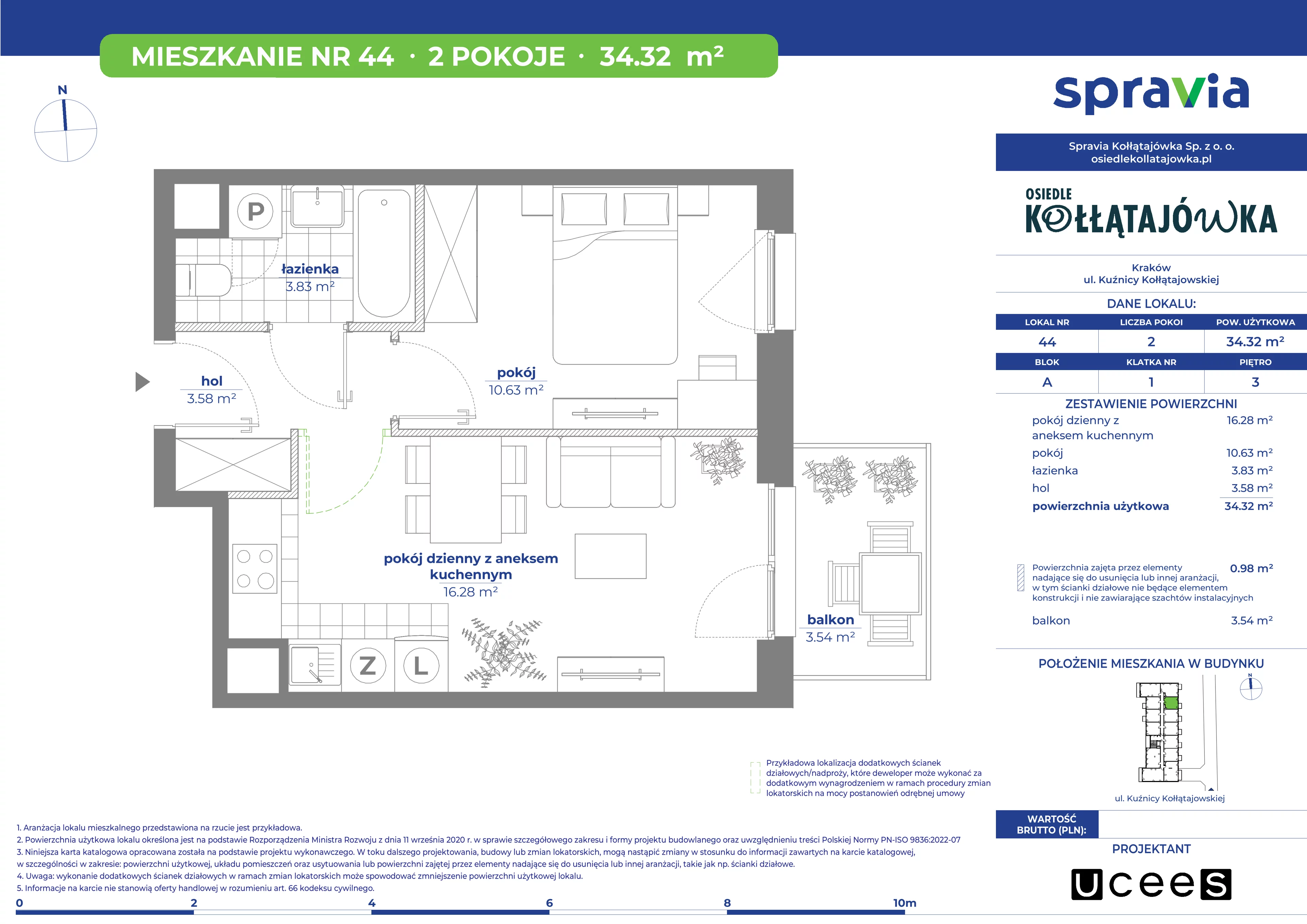 2 pokoje, mieszkanie 34,32 m², piętro 3, oferta nr A/44, Osiedle Kołłątajówka, Kraków, Prądnik Biały, Górka Narodowa, ul. Kuźnicy Kołłątajowskiej