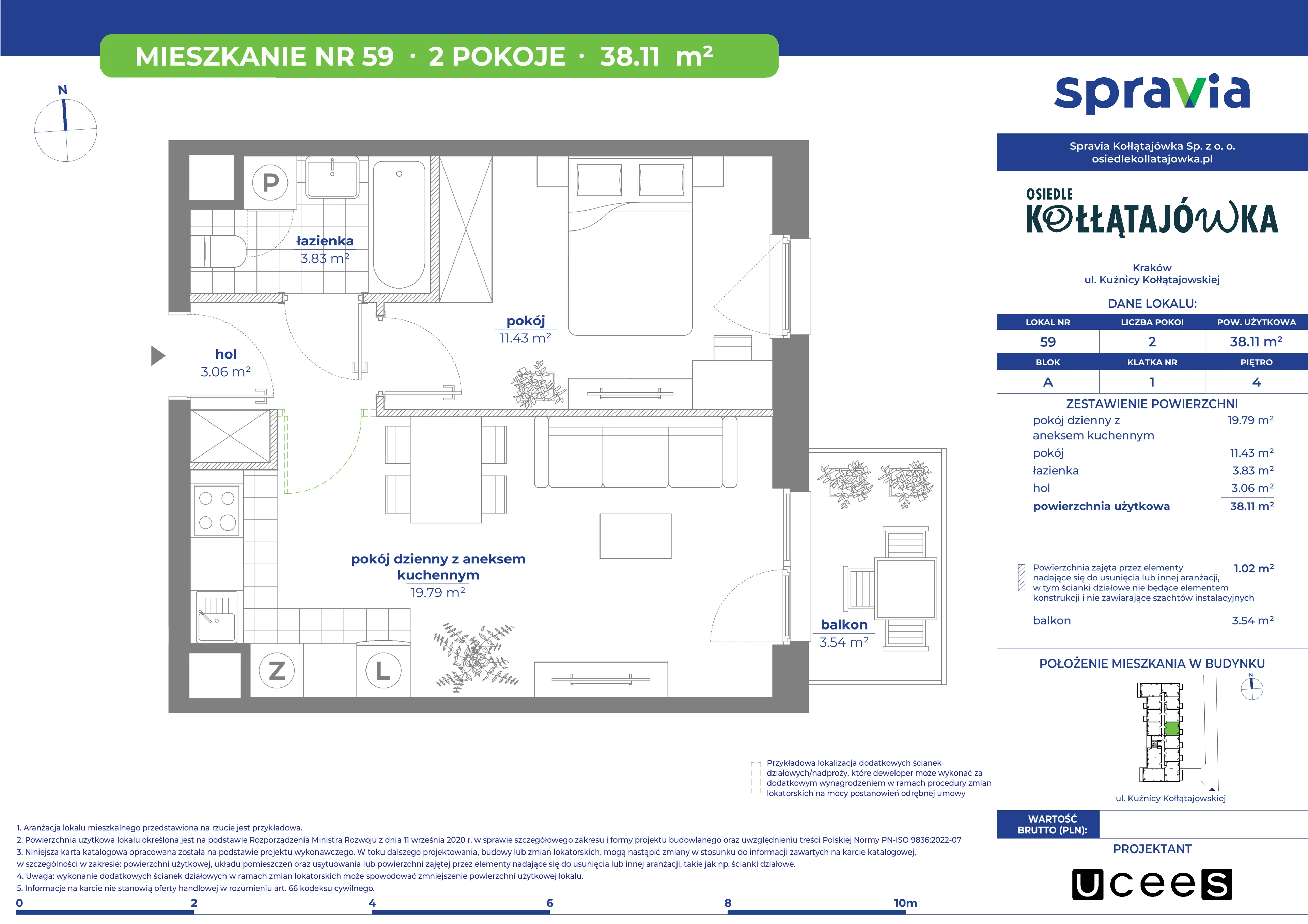 2 pokoje, mieszkanie 38,11 m², piętro 4, oferta nr A/59, Osiedle Kołłątajówka, Kraków, Prądnik Biały, Górka Narodowa, ul. Kuźnicy Kołłątajowskiej