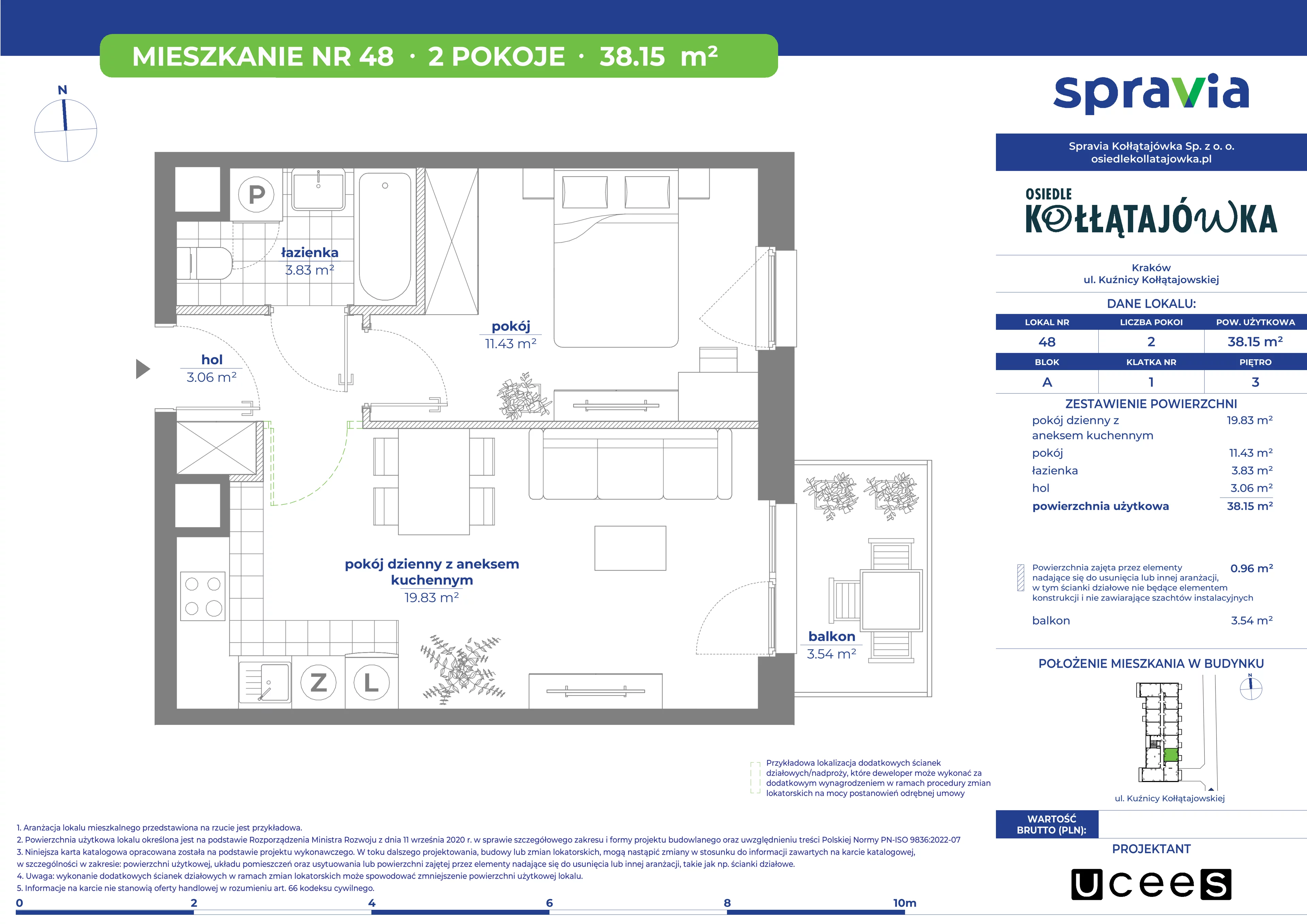 2 pokoje, mieszkanie 38,15 m², piętro 3, oferta nr A/48, Osiedle Kołłątajówka, Kraków, Prądnik Biały, Górka Narodowa, ul. Kuźnicy Kołłątajowskiej