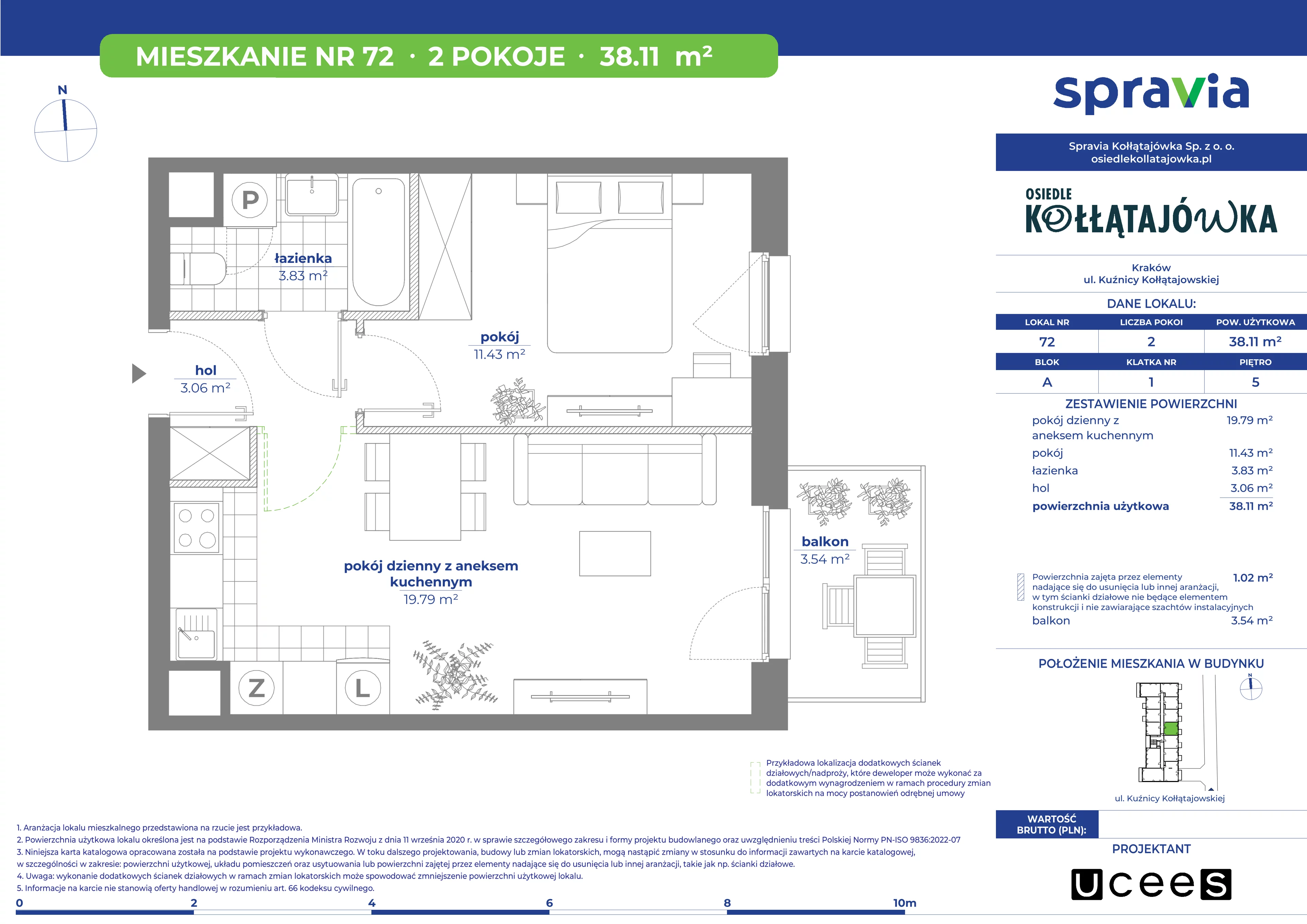 2 pokoje, mieszkanie 38,11 m², piętro 5, oferta nr A/72, Osiedle Kołłątajówka, Kraków, Prądnik Biały, Górka Narodowa, ul. Kuźnicy Kołłątajowskiej