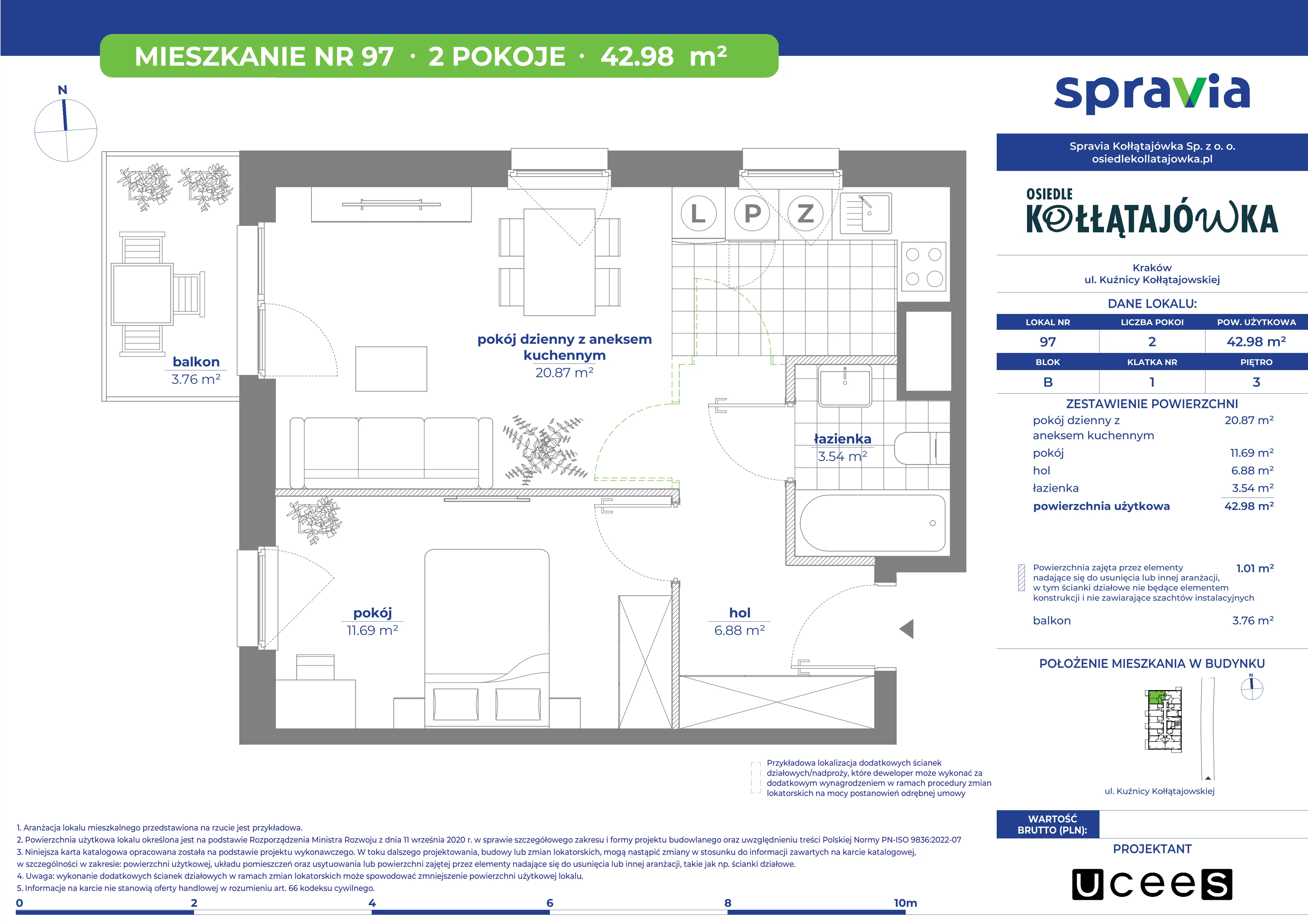 2 pokoje, mieszkanie 42,98 m², piętro 3, oferta nr B/97, Osiedle Kołłątajówka, Kraków, Prądnik Biały, Górka Narodowa, ul. Kuźnicy Kołłątajowskiej