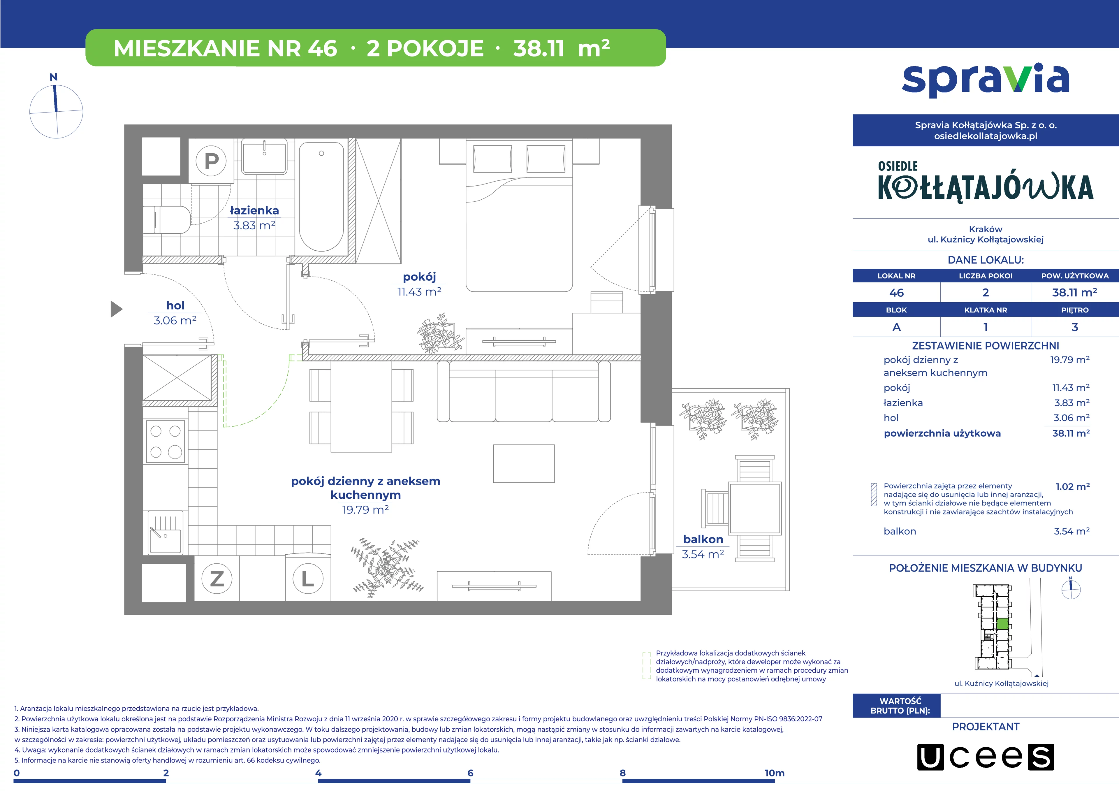 2 pokoje, mieszkanie 38,11 m², piętro 3, oferta nr A/46, Osiedle Kołłątajówka, Kraków, Prądnik Biały, Górka Narodowa, ul. Kuźnicy Kołłątajowskiej