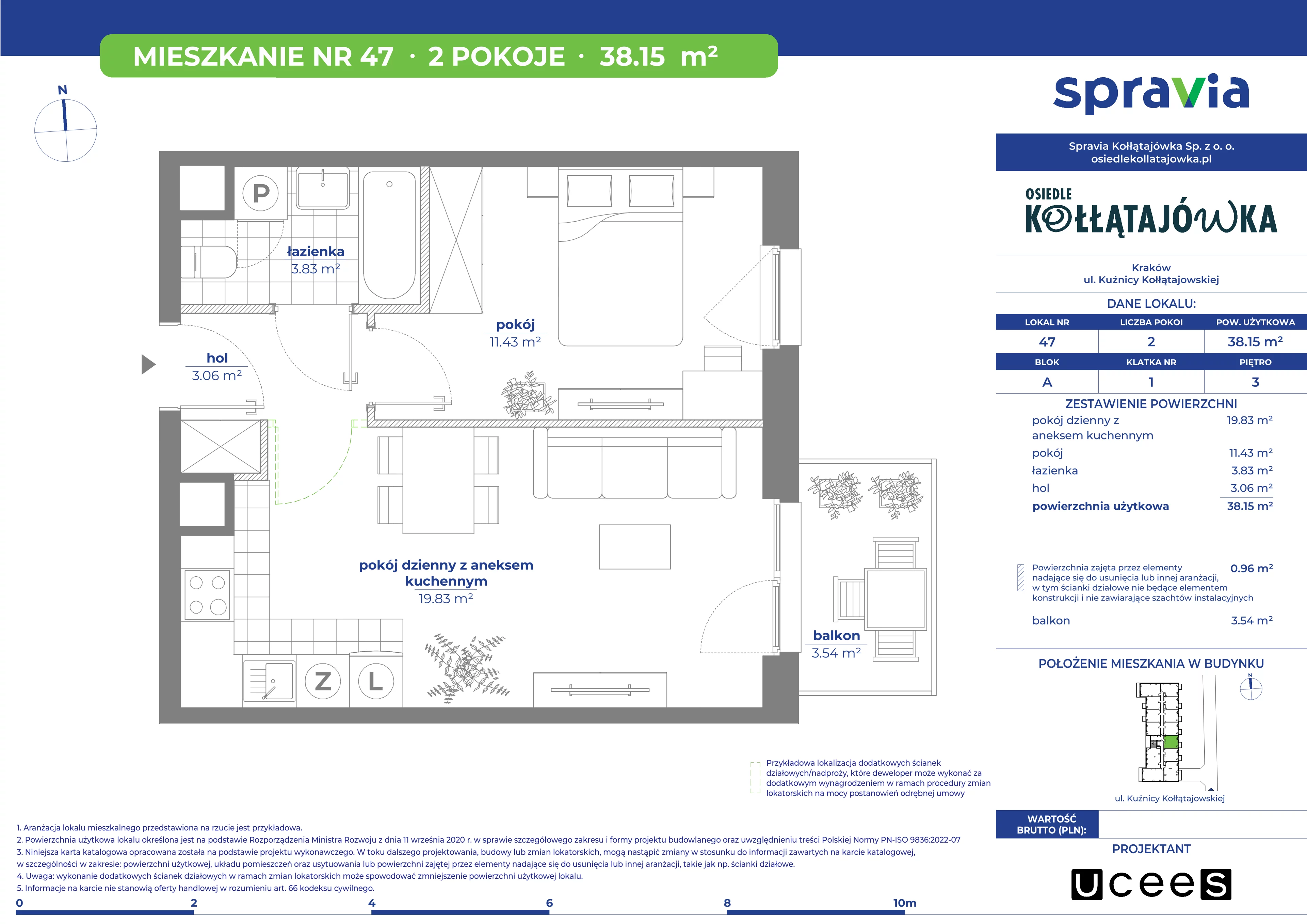 2 pokoje, mieszkanie 38,15 m², piętro 3, oferta nr A/47, Osiedle Kołłątajówka, Kraków, Prądnik Biały, Górka Narodowa, ul. Kuźnicy Kołłątajowskiej