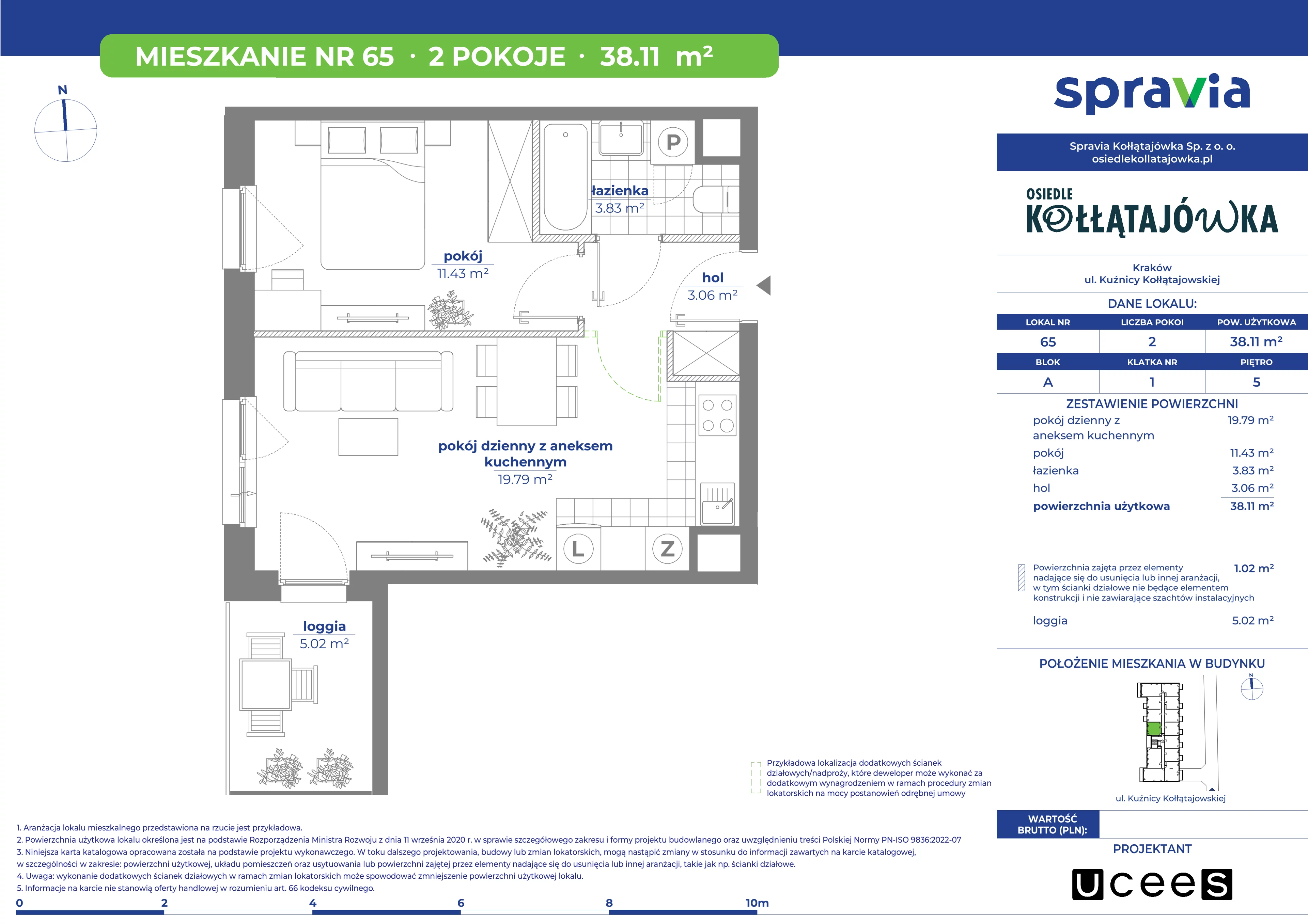 2 pokoje, mieszkanie 38,11 m², piętro 5, oferta nr A/65, Osiedle Kołłątajówka, Kraków, Prądnik Biały, Górka Narodowa, ul. Kuźnicy Kołłątajowskiej