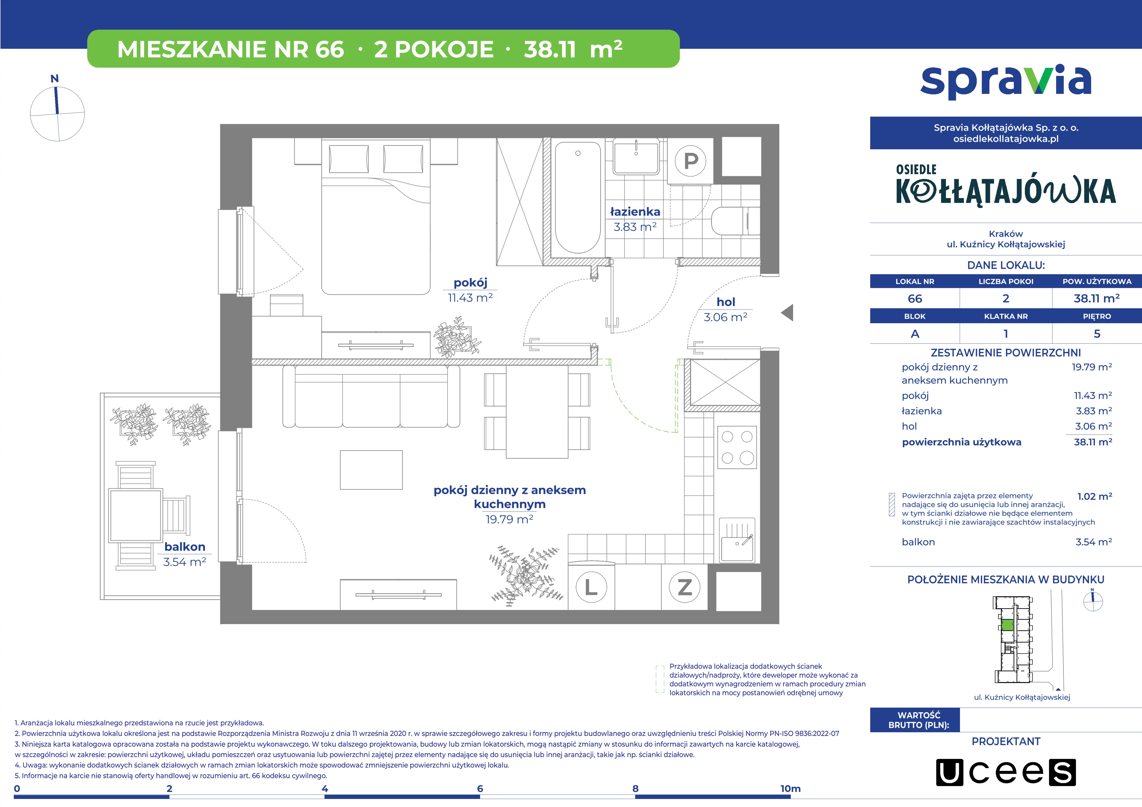 2 pokoje, mieszkanie 38,11 m², piętro 5, oferta nr A/66, Osiedle Kołłątajówka, Kraków, Prądnik Biały, Górka Narodowa, ul. Kuźnicy Kołłątajowskiej
