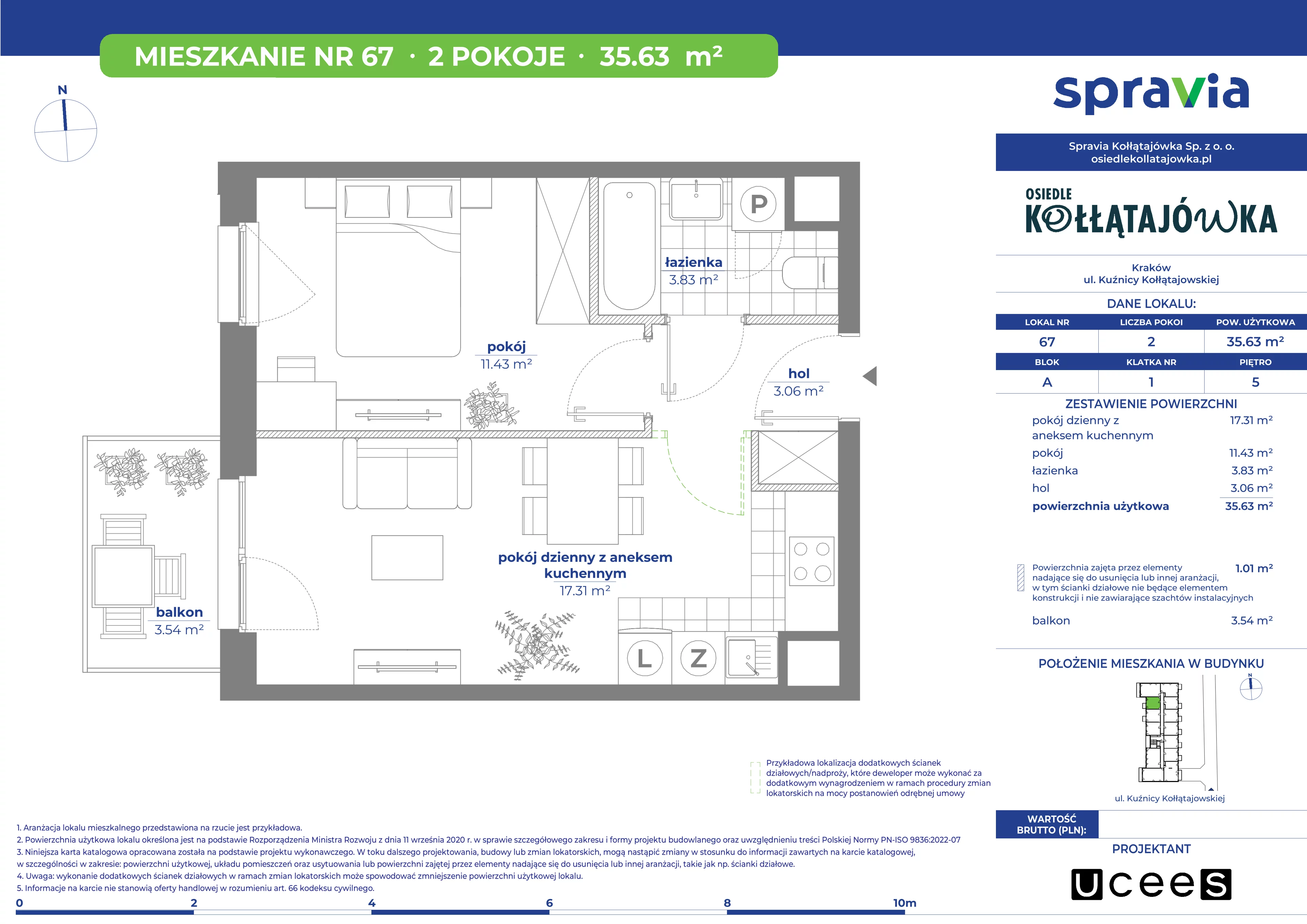 2 pokoje, mieszkanie 35,63 m², piętro 5, oferta nr A/67, Osiedle Kołłątajówka, Kraków, Prądnik Biały, Górka Narodowa, ul. Kuźnicy Kołłątajowskiej
