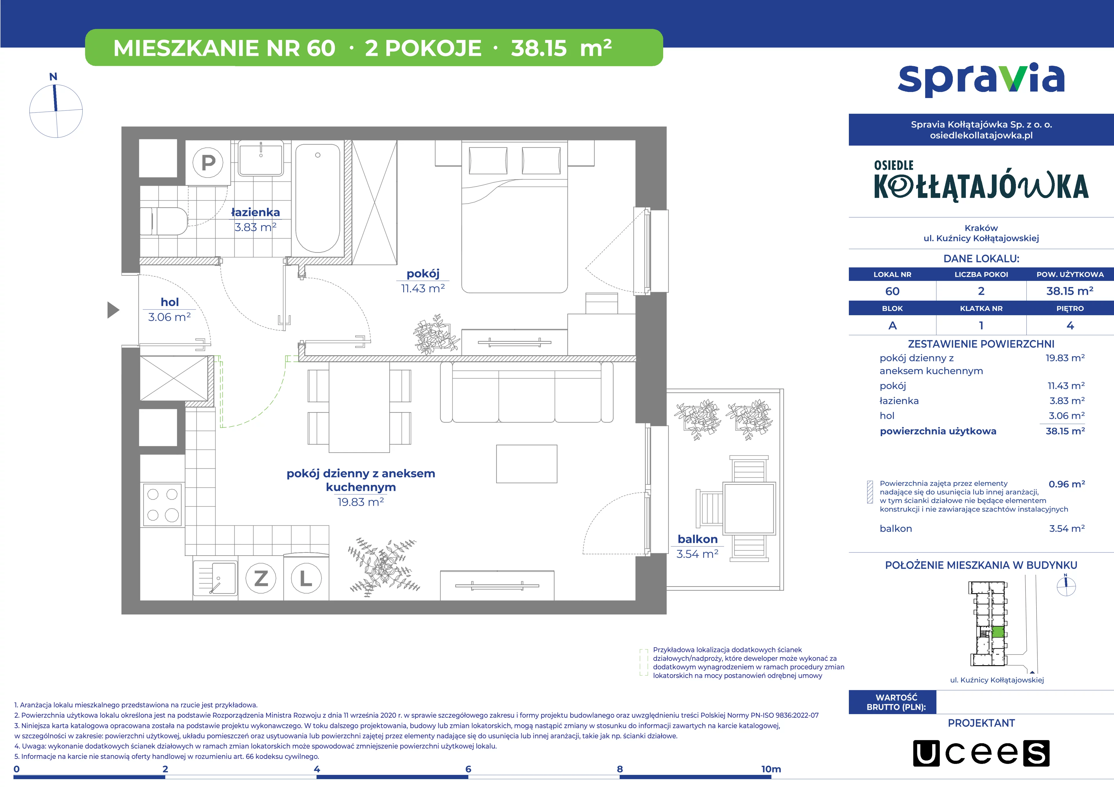 2 pokoje, mieszkanie 38,15 m², piętro 4, oferta nr A/60, Osiedle Kołłątajówka, Kraków, Prądnik Biały, Górka Narodowa, ul. Kuźnicy Kołłątajowskiej