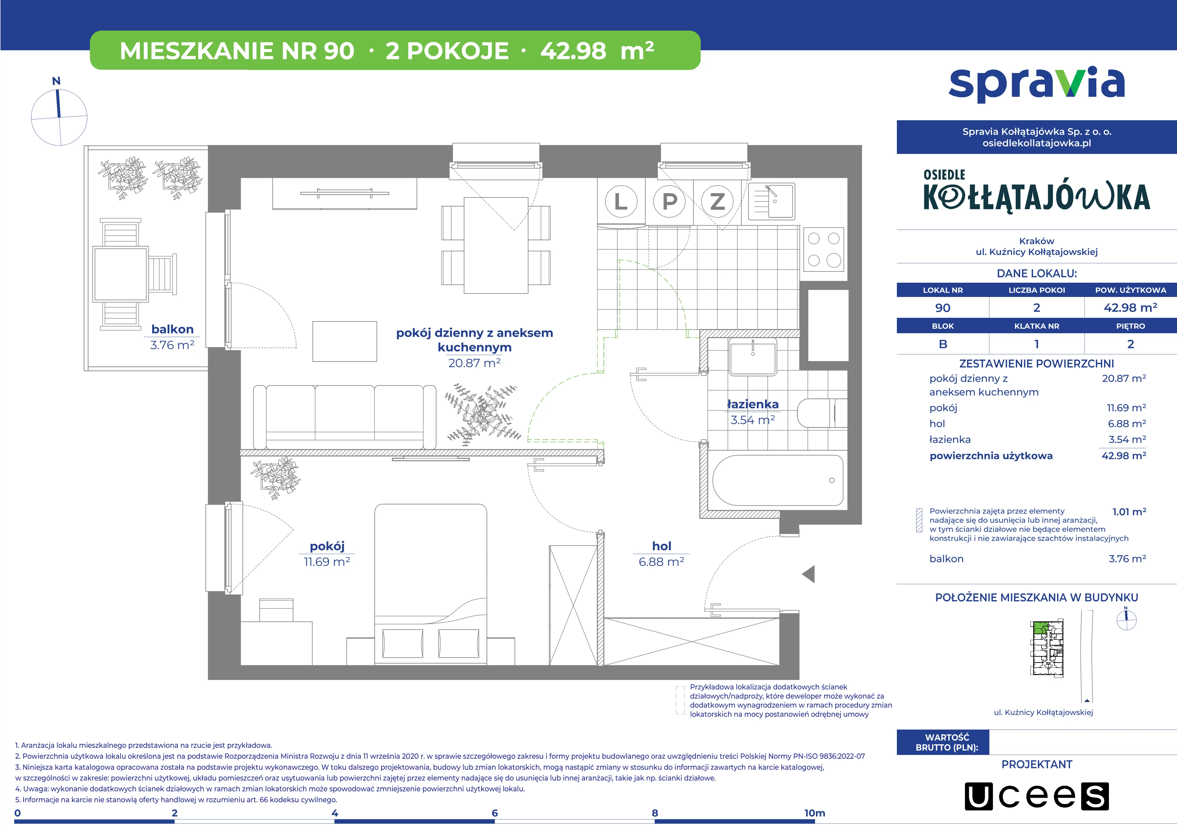 2 pokoje, mieszkanie 42,98 m², piętro 2, oferta nr B/90, Osiedle Kołłątajówka, Kraków, Prądnik Biały, Górka Narodowa, ul. Kuźnicy Kołłątajowskiej