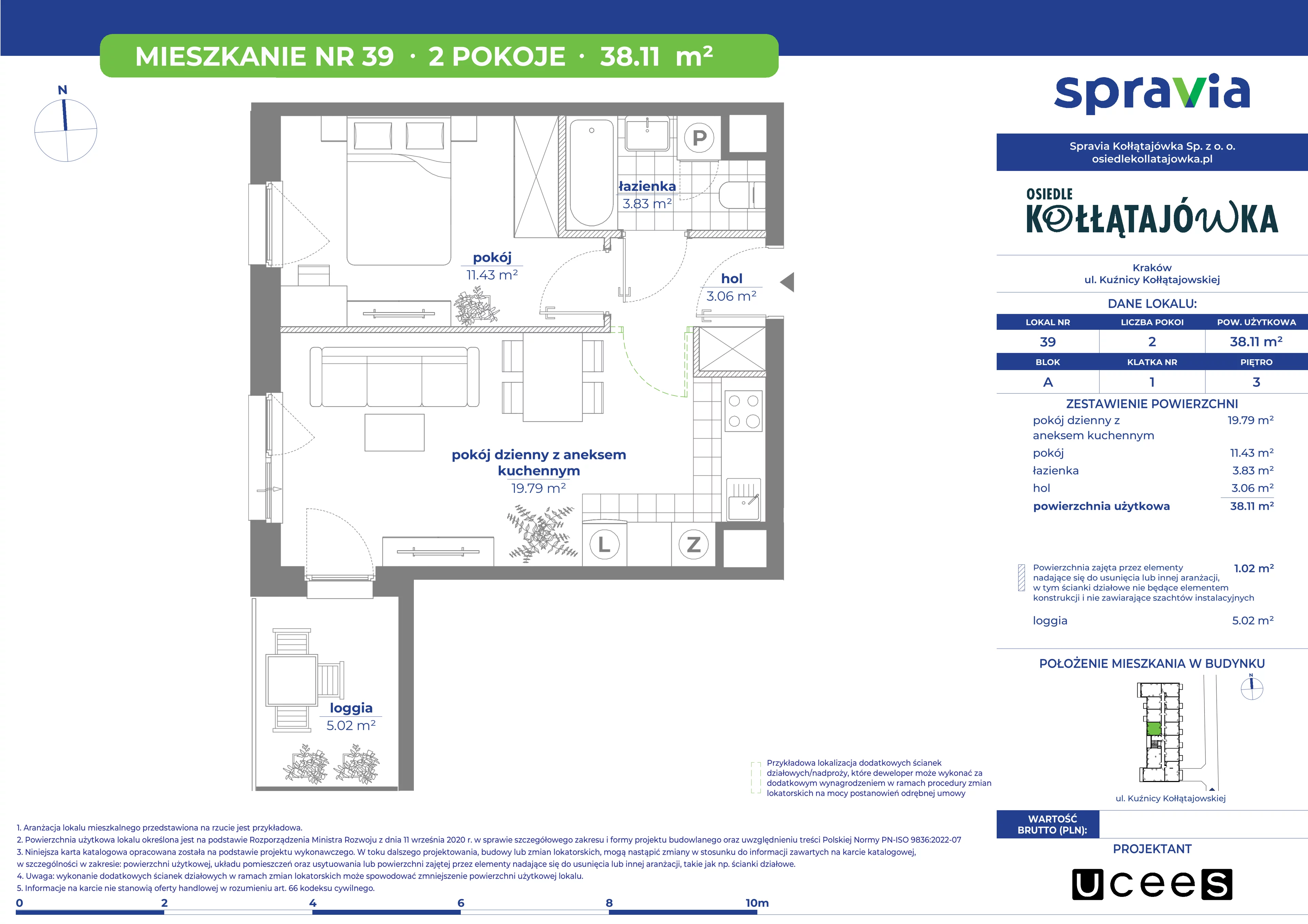 2 pokoje, mieszkanie 38,11 m², piętro 3, oferta nr A/39, Osiedle Kołłątajówka, Kraków, Prądnik Biały, Górka Narodowa, ul. Kuźnicy Kołłątajowskiej
