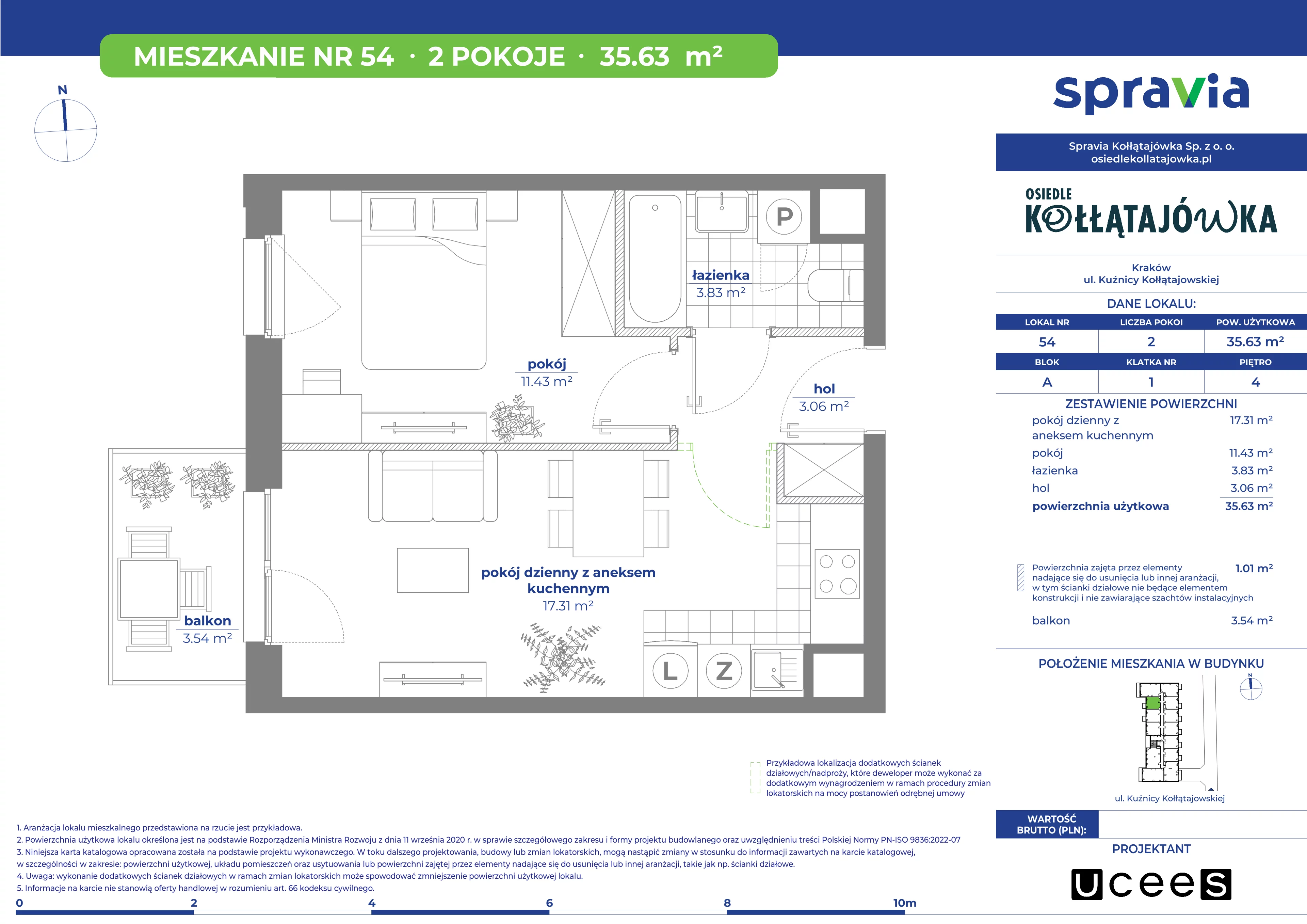 2 pokoje, mieszkanie 35,63 m², piętro 4, oferta nr A/54, Osiedle Kołłątajówka, Kraków, Prądnik Biały, Górka Narodowa, ul. Kuźnicy Kołłątajowskiej