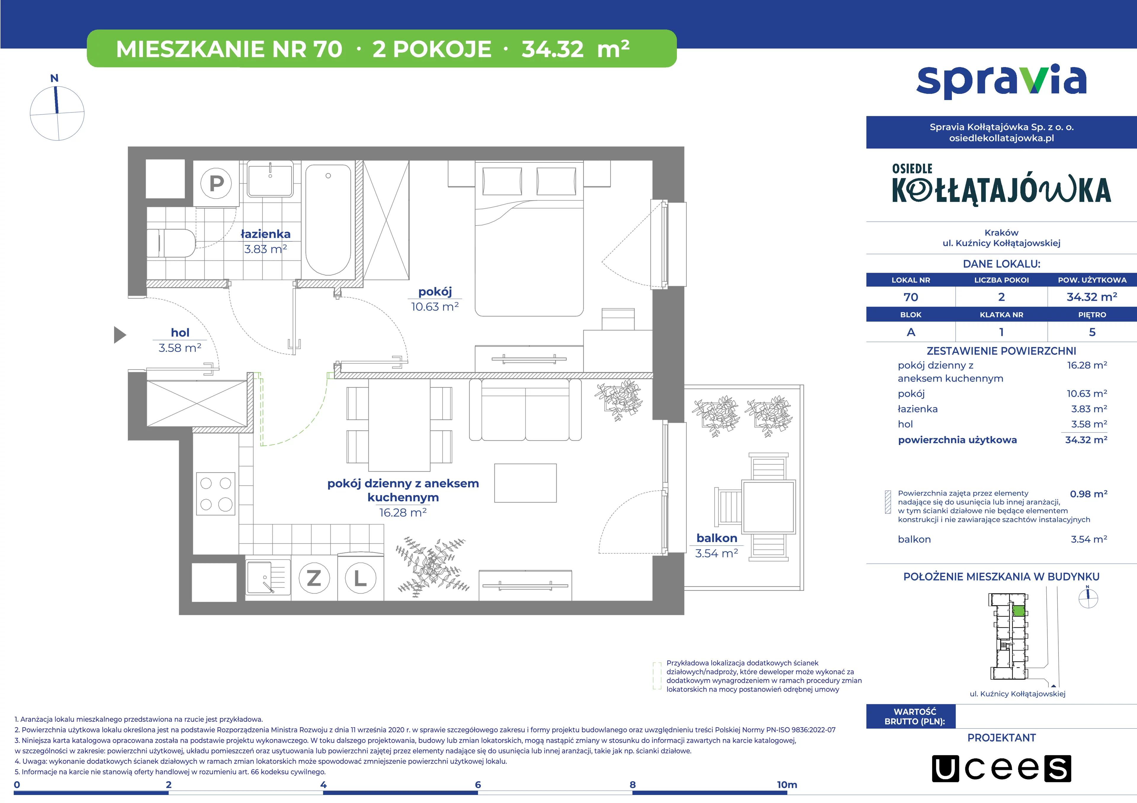 2 pokoje, mieszkanie 34,32 m², piętro 5, oferta nr A/70, Osiedle Kołłątajówka, Kraków, Prądnik Biały, Górka Narodowa, ul. Kuźnicy Kołłątajowskiej