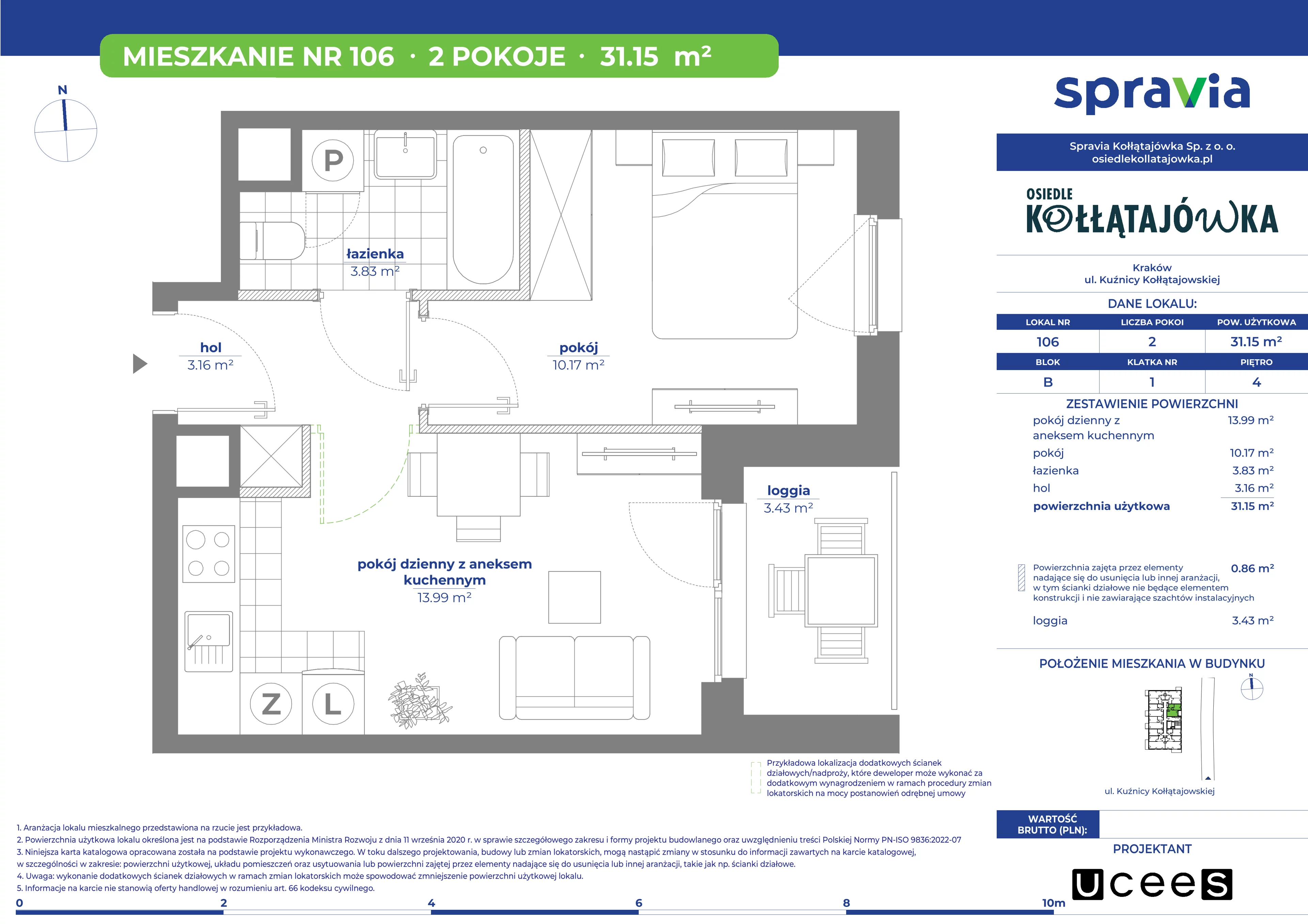 2 pokoje, mieszkanie 31,15 m², piętro 4, oferta nr B/106, Osiedle Kołłątajówka, Kraków, Prądnik Biały, Górka Narodowa, ul. Kuźnicy Kołłątajowskiej