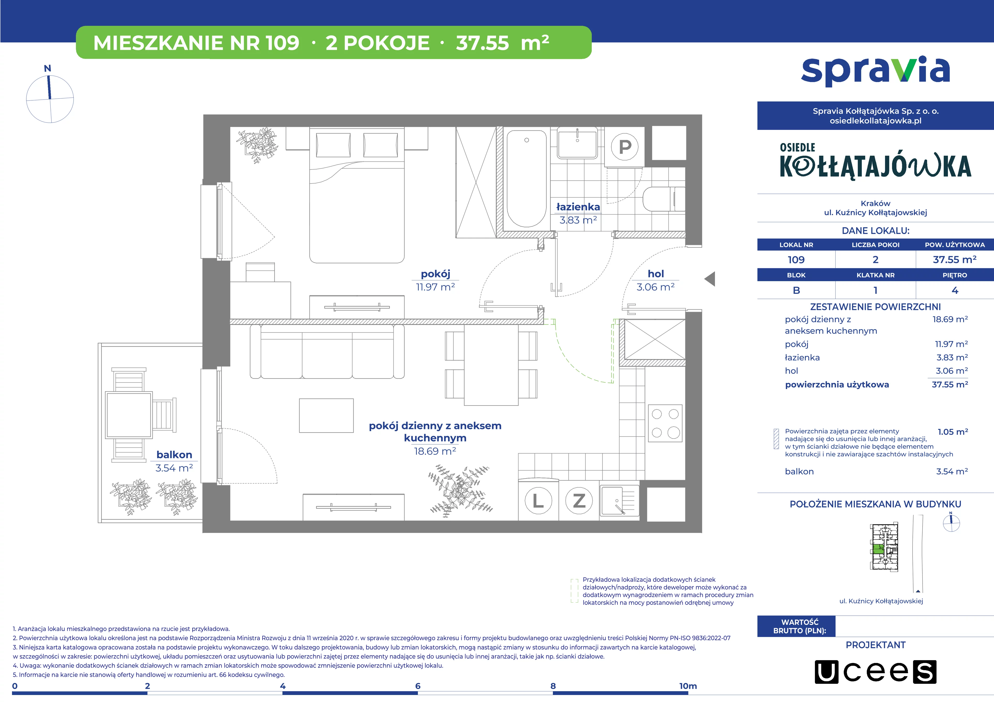 2 pokoje, mieszkanie 37,55 m², piętro 4, oferta nr B/109, Osiedle Kołłątajówka, Kraków, Prądnik Biały, Górka Narodowa, ul. Kuźnicy Kołłątajowskiej