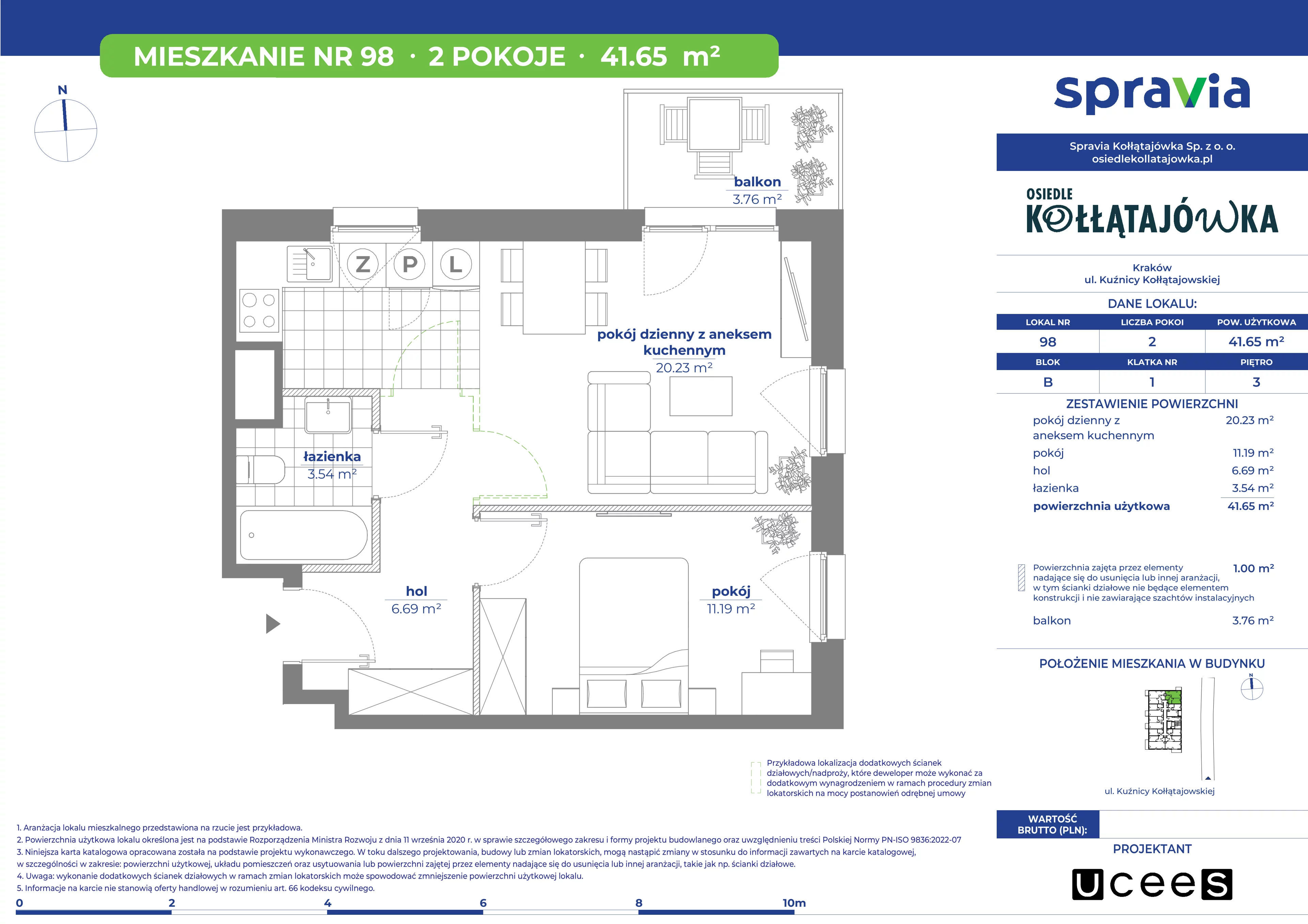 2 pokoje, mieszkanie 41,65 m², piętro 3, oferta nr B/98, Osiedle Kołłątajówka, Kraków, Prądnik Biały, Górka Narodowa, ul. Kuźnicy Kołłątajowskiej