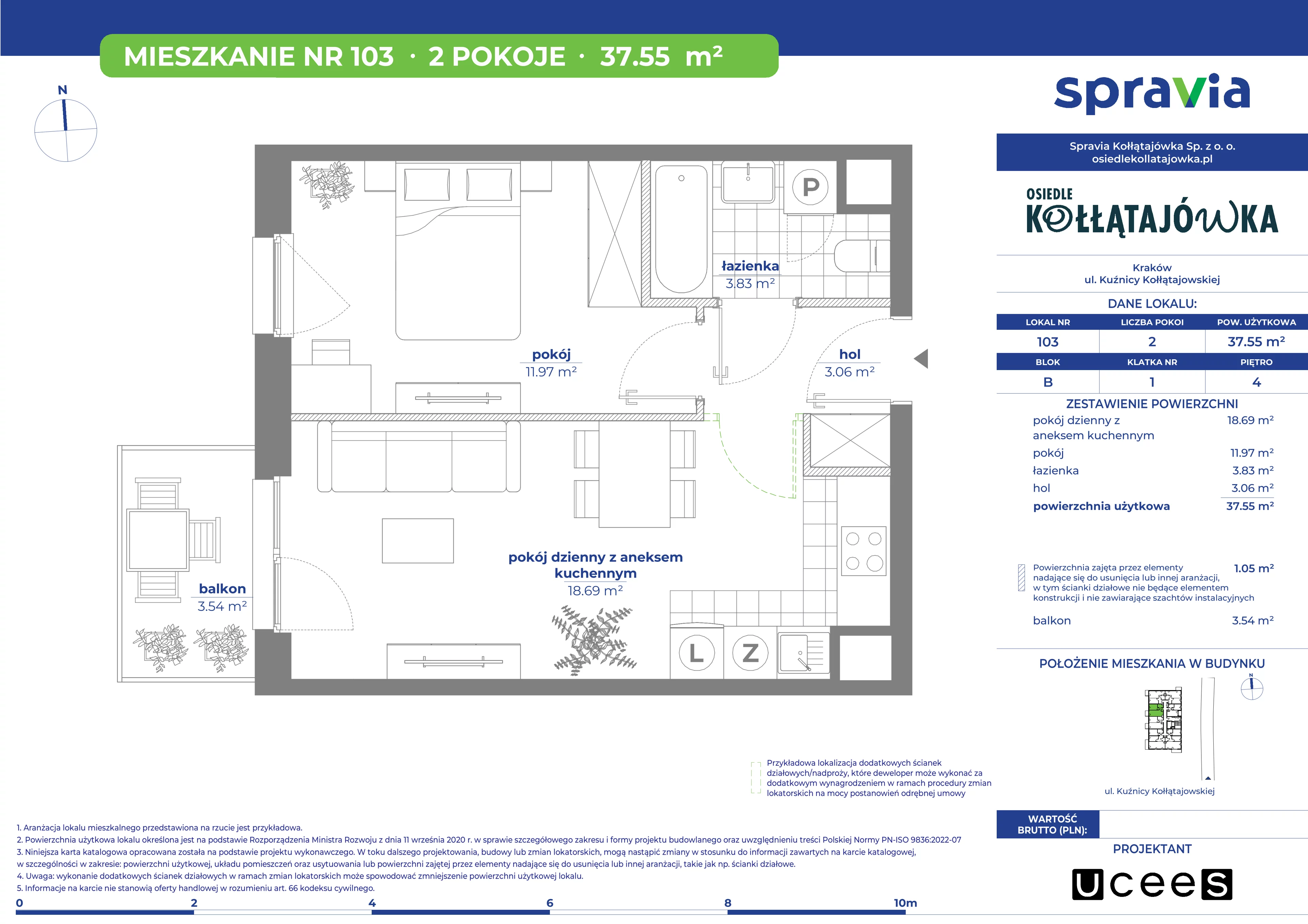 2 pokoje, mieszkanie 37,55 m², piętro 4, oferta nr B/103, Osiedle Kołłątajówka, Kraków, Prądnik Biały, Górka Narodowa, ul. Kuźnicy Kołłątajowskiej